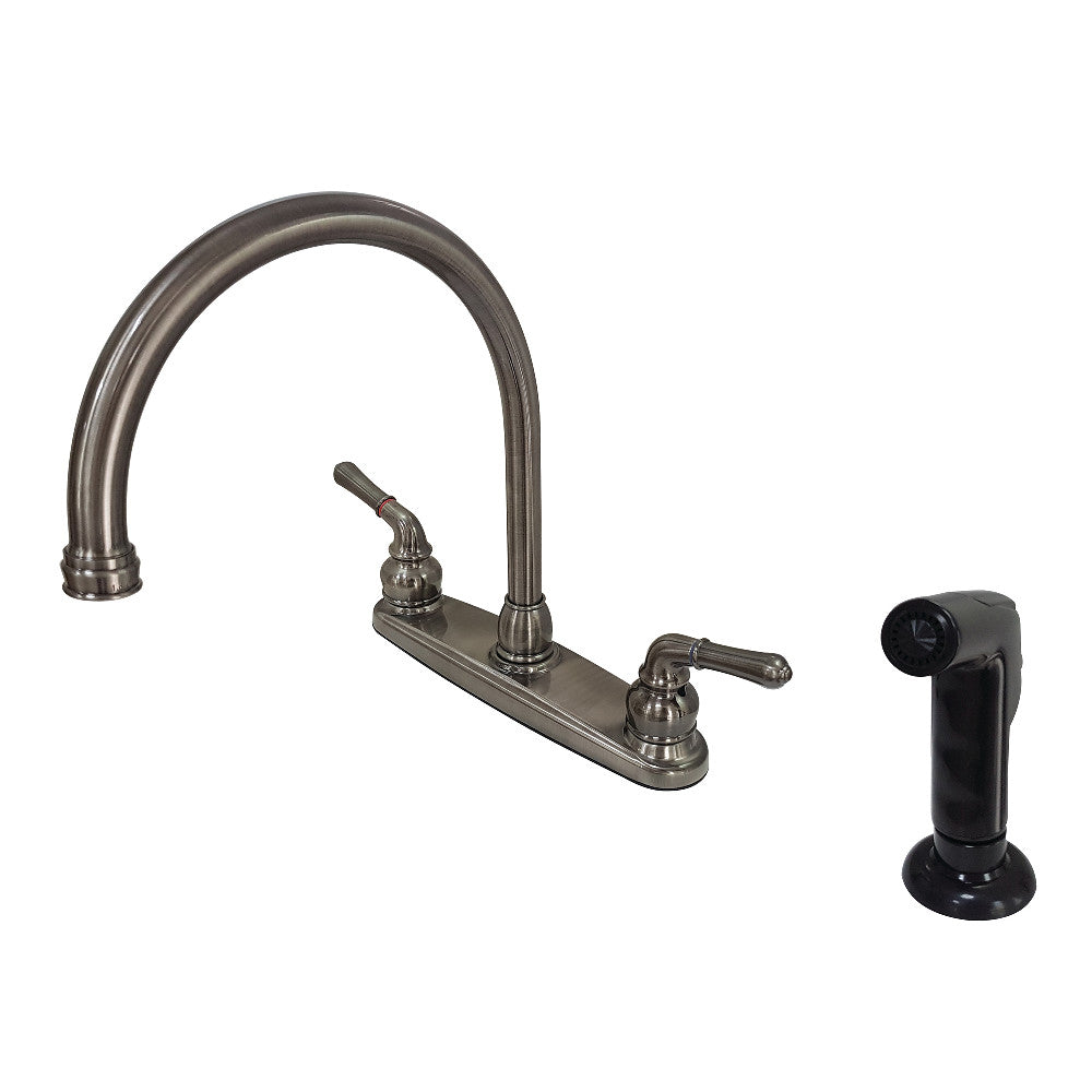 Black stainless kitchen faucet with double handles and side sprayer, arched spout