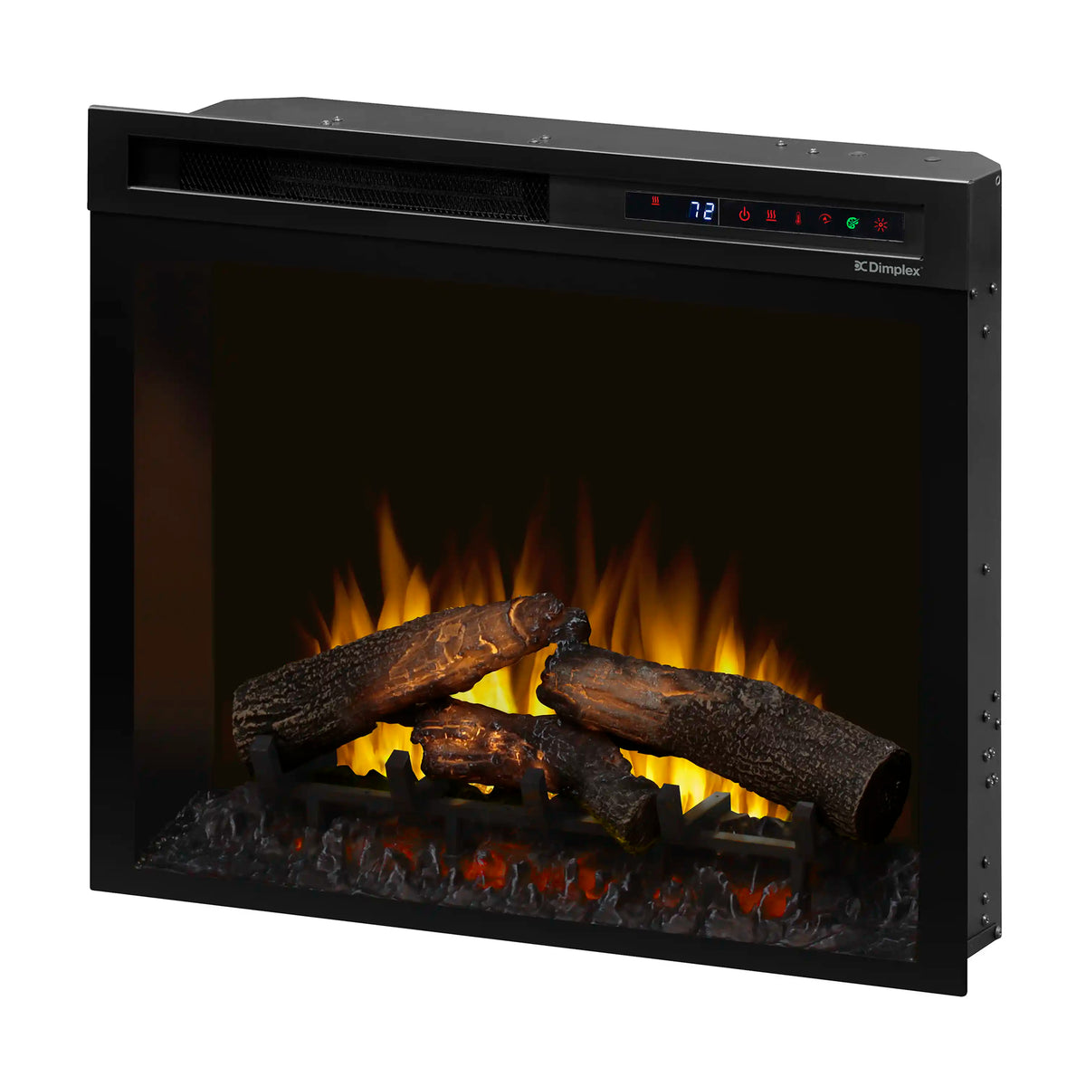 Dimplex electric firebox with glowing logs, ember bed, and control panel on top