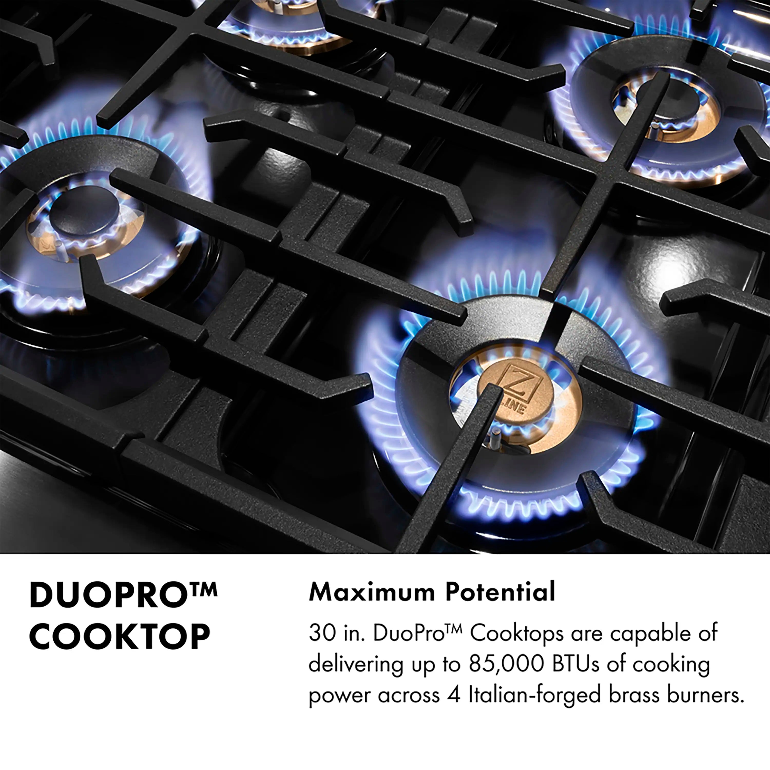 Gas burner with blue flame and champagne bronze cap on black cast-iron grate