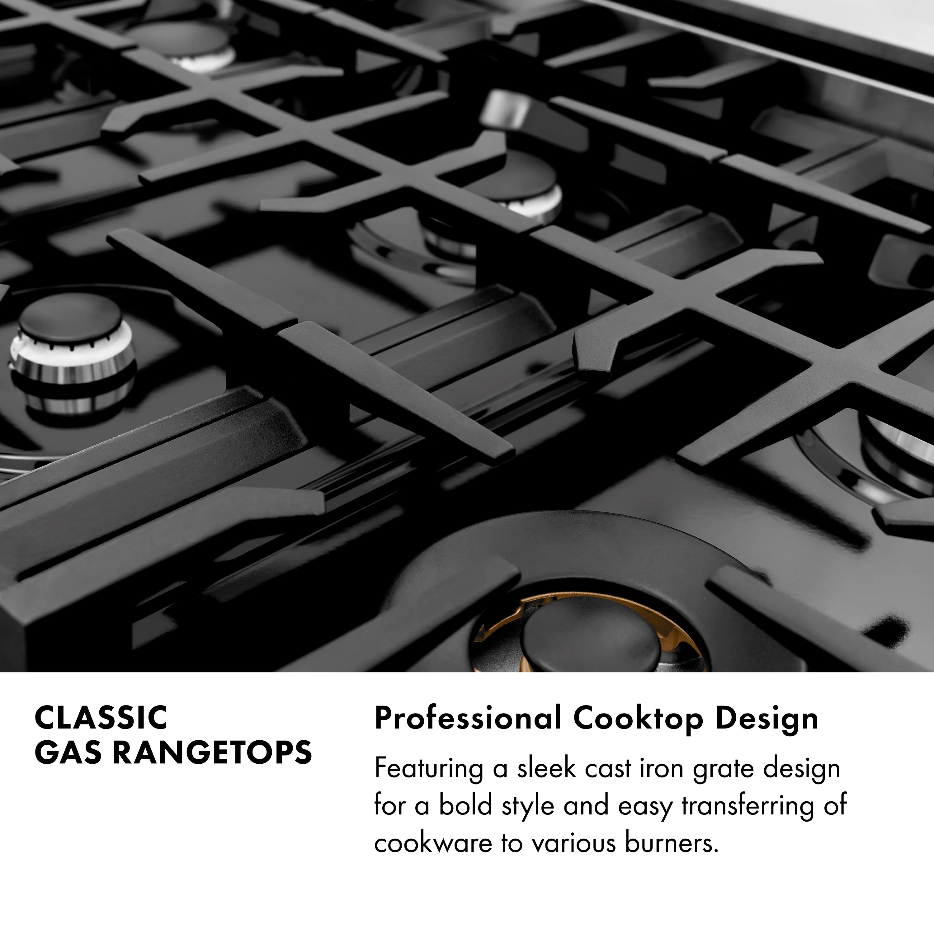 Gas rangetop with cast-iron grates and burner controls, close-up