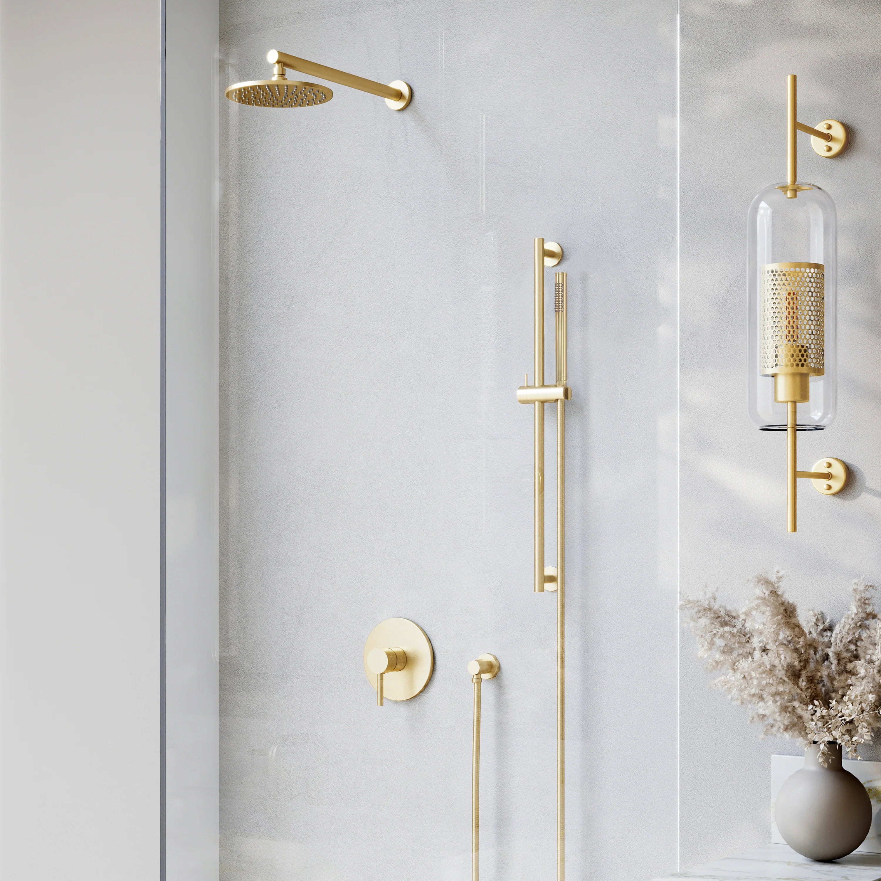 Polished gold shower wall set with ceiling showerhead, handheld, and valve handles