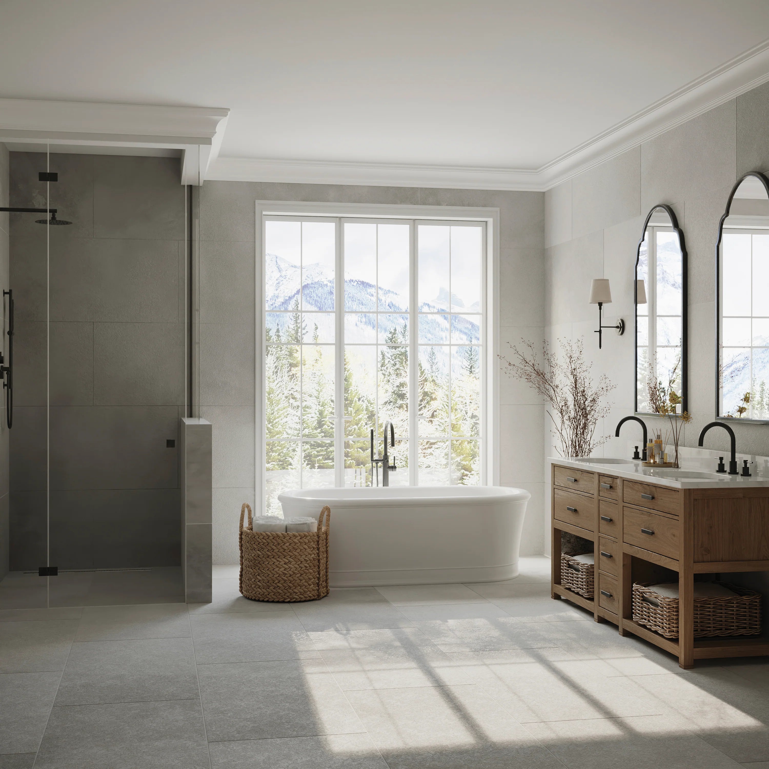 Matte black shower fixture set with body jets in a modern bathroom