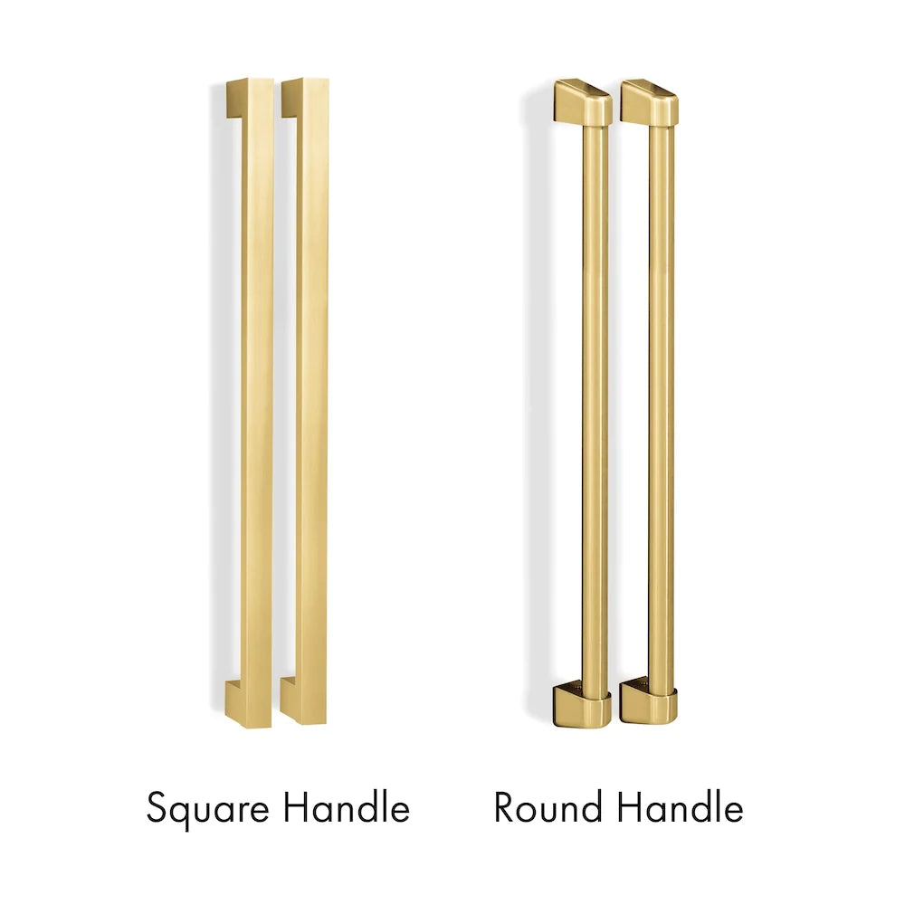 Gold square and round handle options on a black stainless refrigerator door