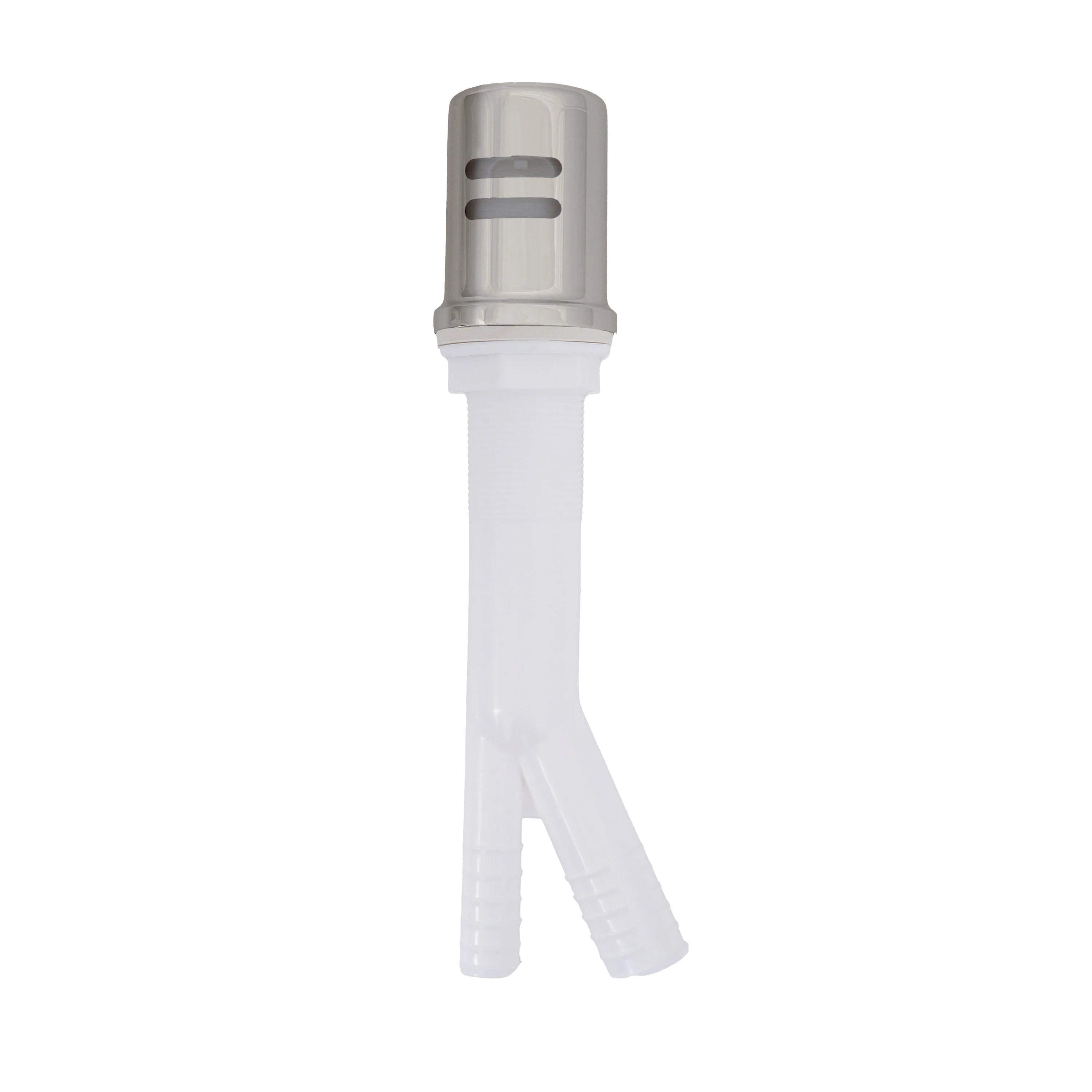Brushed nickel dishwasher air gap top with white base and side outlet