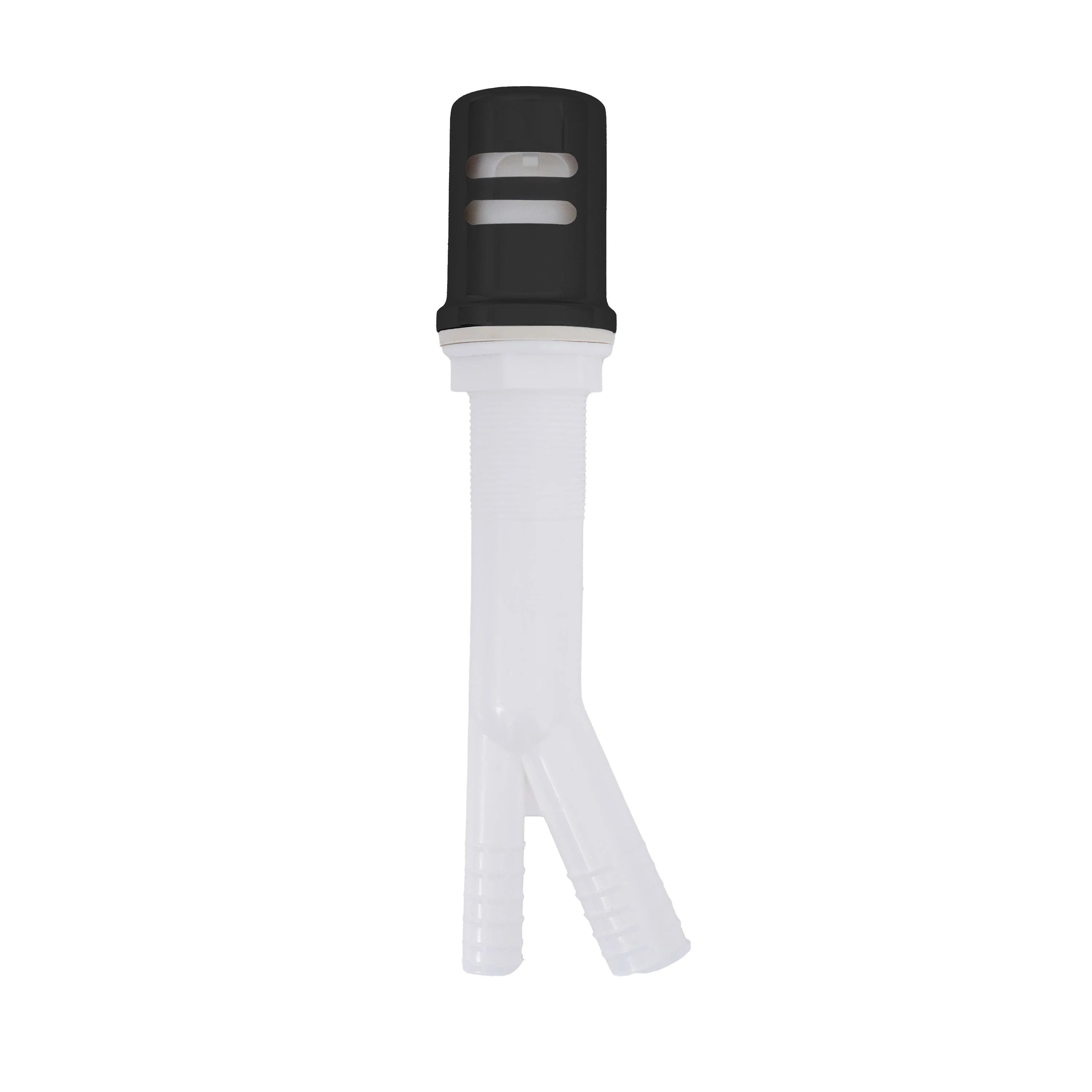 Matte black dishwasher air gap with white tube, threaded collar and vent top