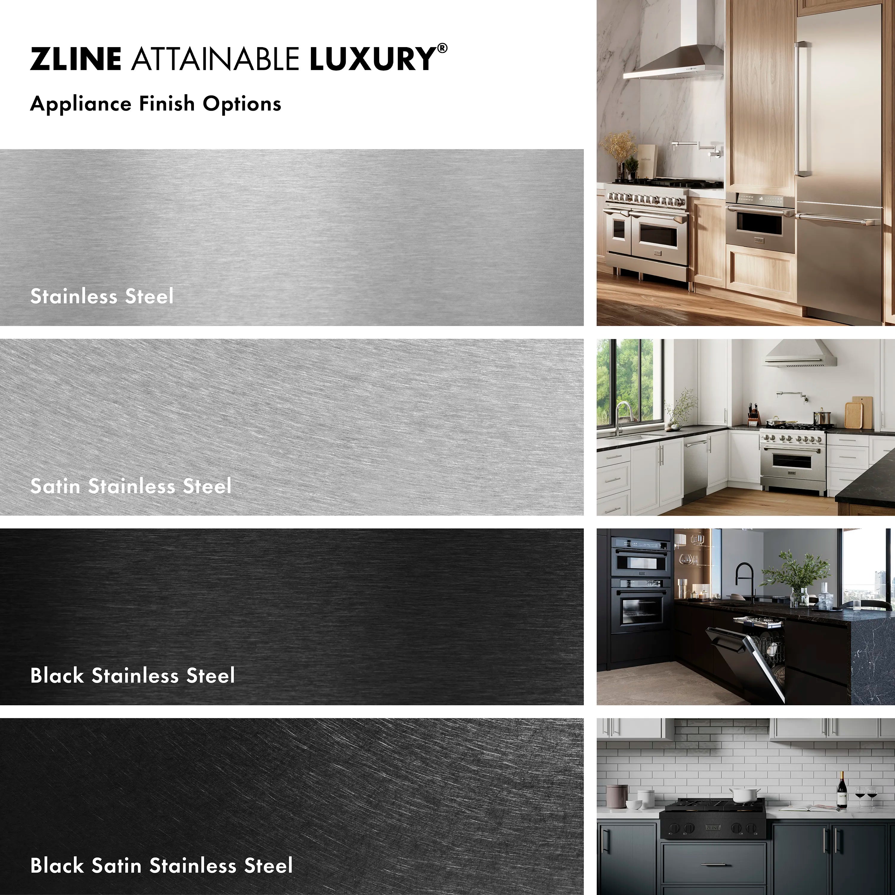 Gas range finish options panel showing stainless steel types and kitchen installation