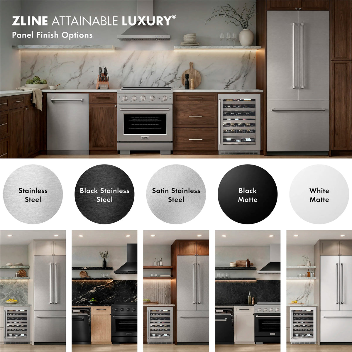 Panel-ready dishwasher with finish options swatches including satin stainless steel and black matte