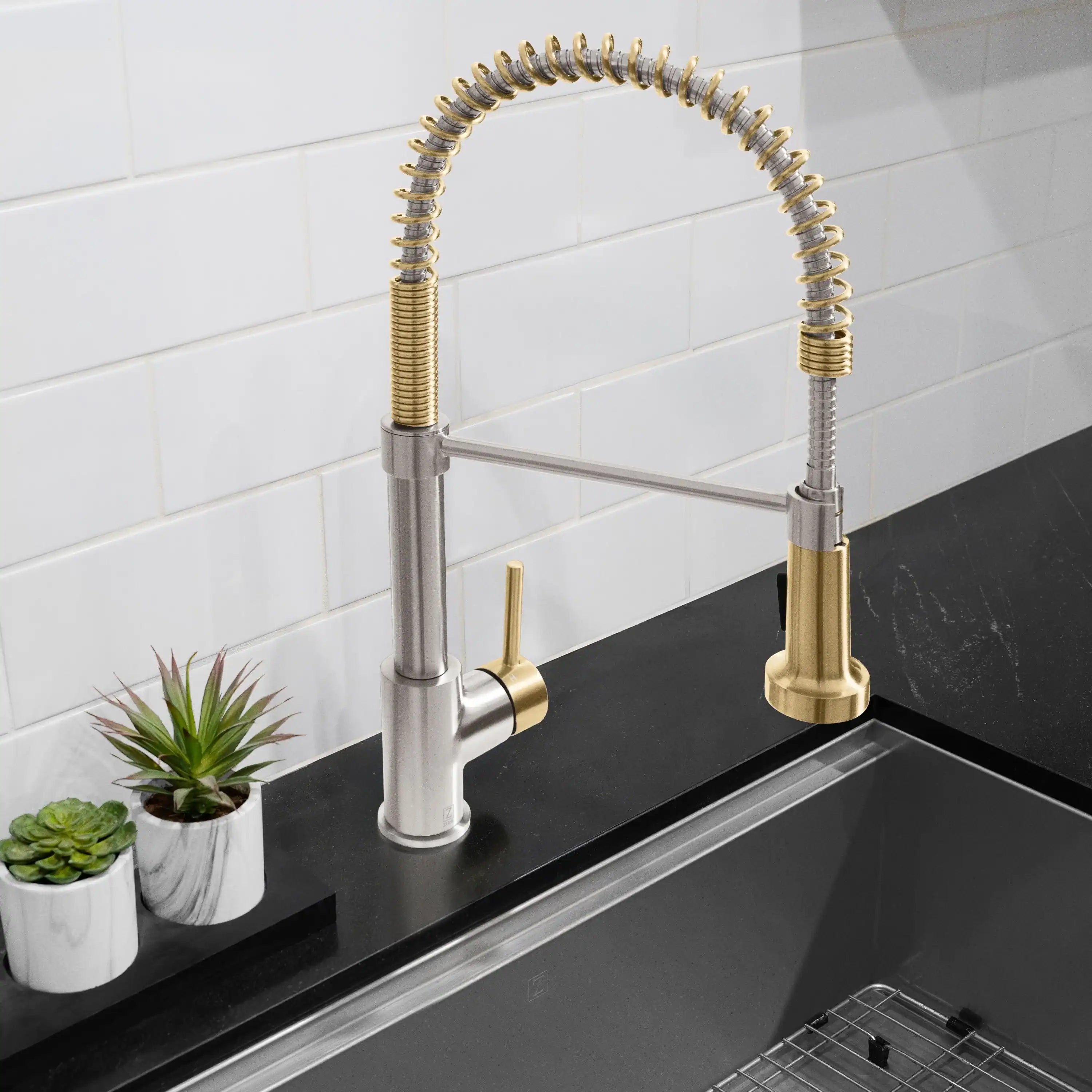 Pull-down kitchen faucet with brushed nickel body and champagne bronze spray head