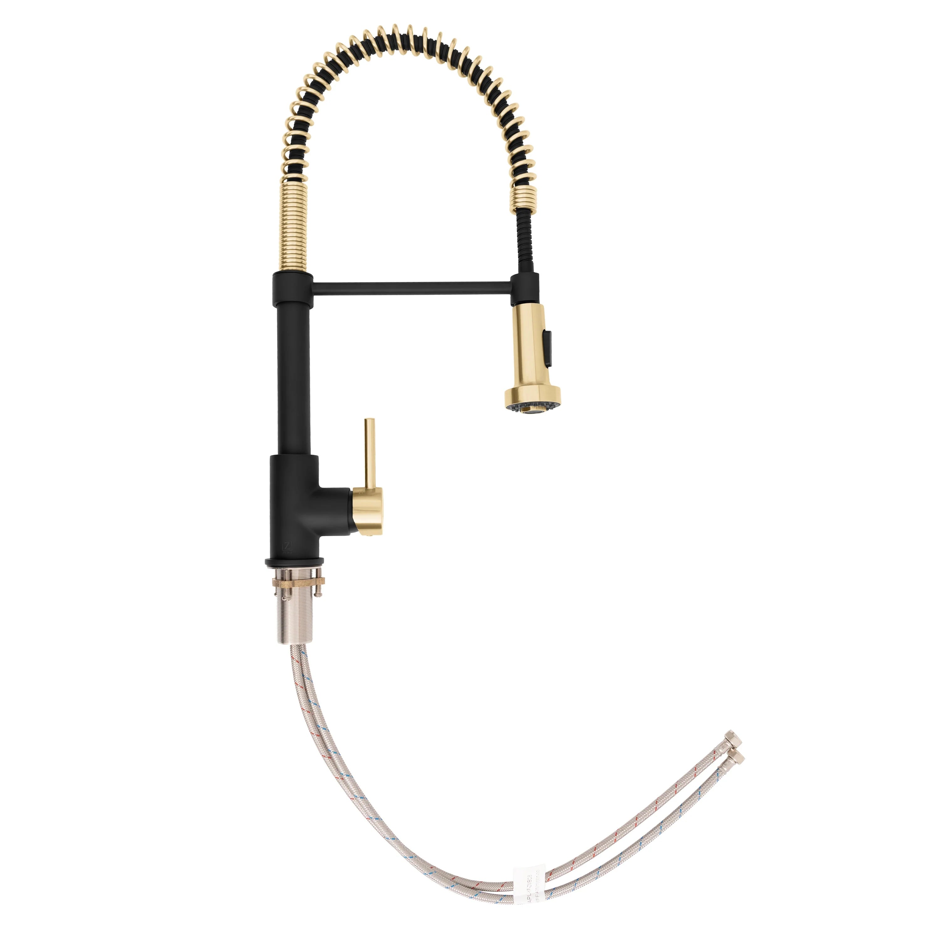 Pull-down kitchen faucet with matte black body and champagne bronze spring spout