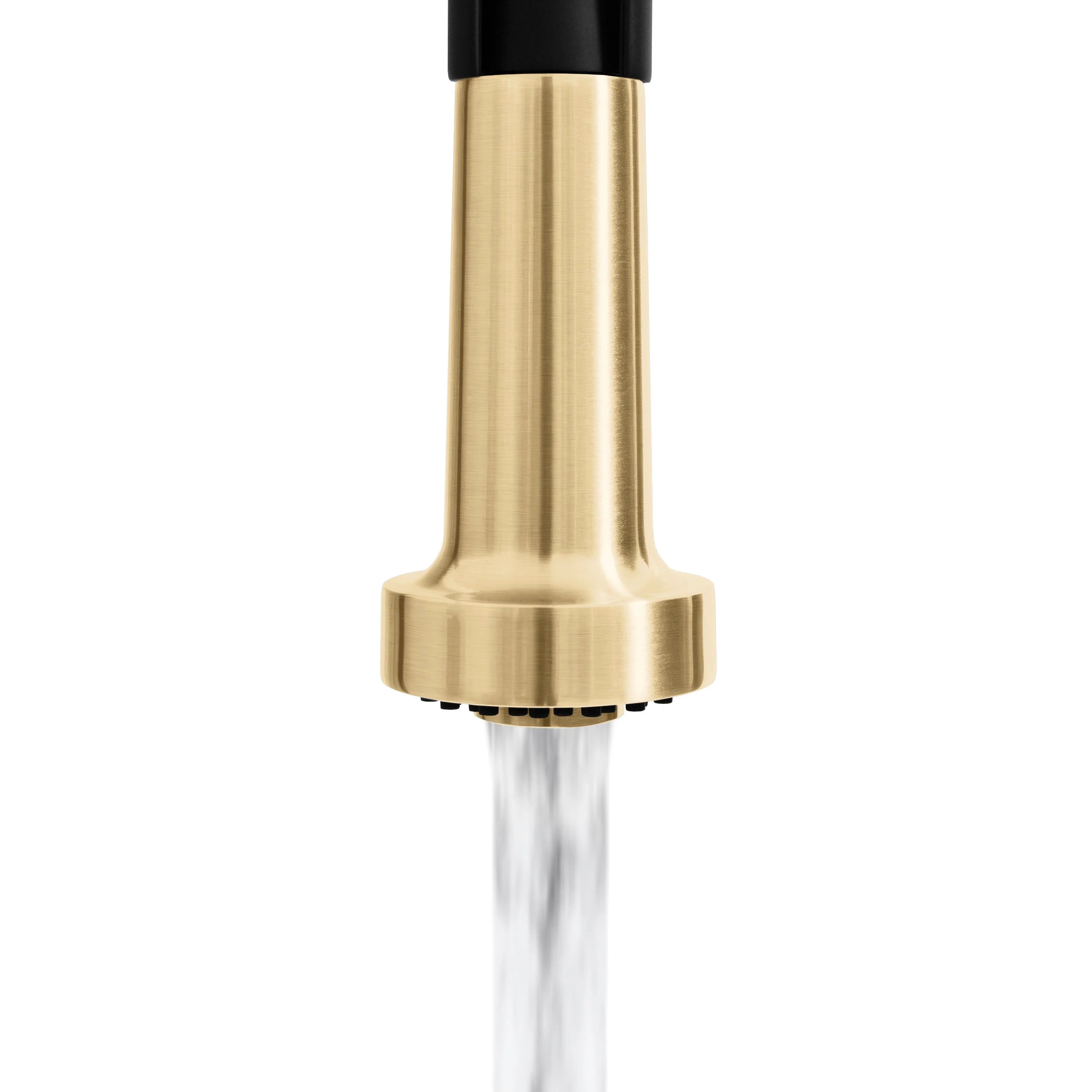 Pull-down kitchen faucet spout tip in champagne bronze with water stream