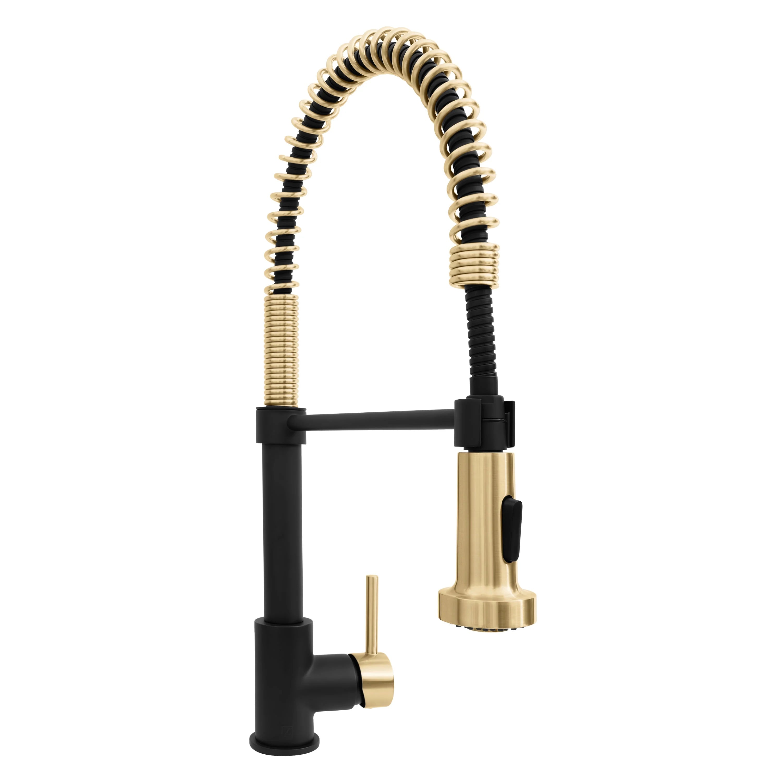 Single-handle kitchen faucet with matte black base and champagne bronze pull-down spout