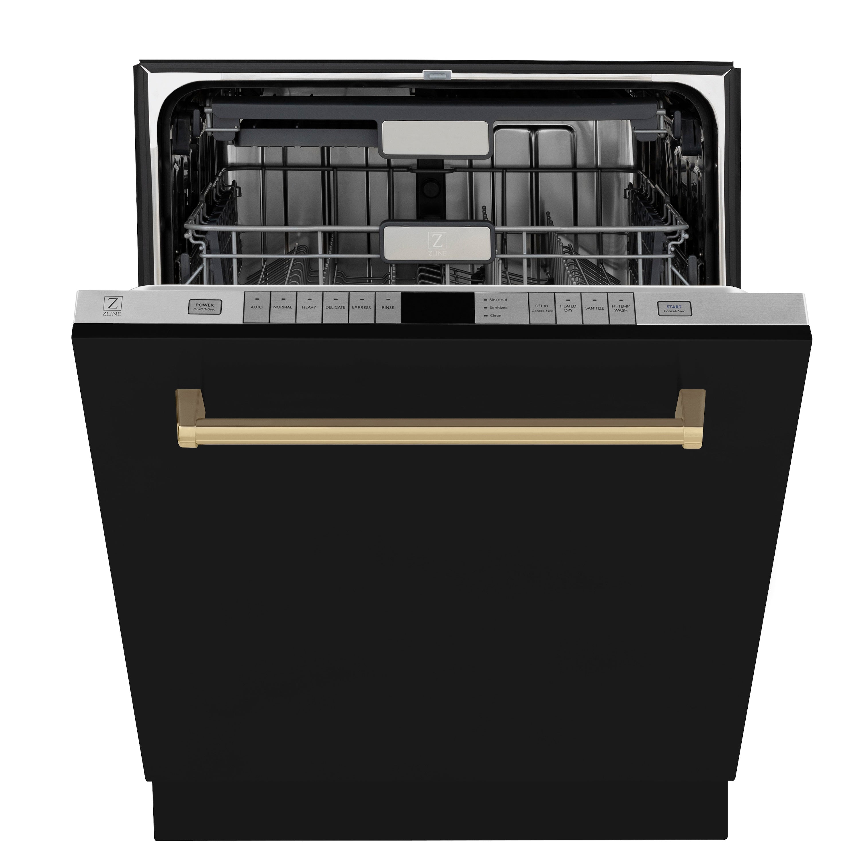 Matte black dishwasher with open door and interior racks