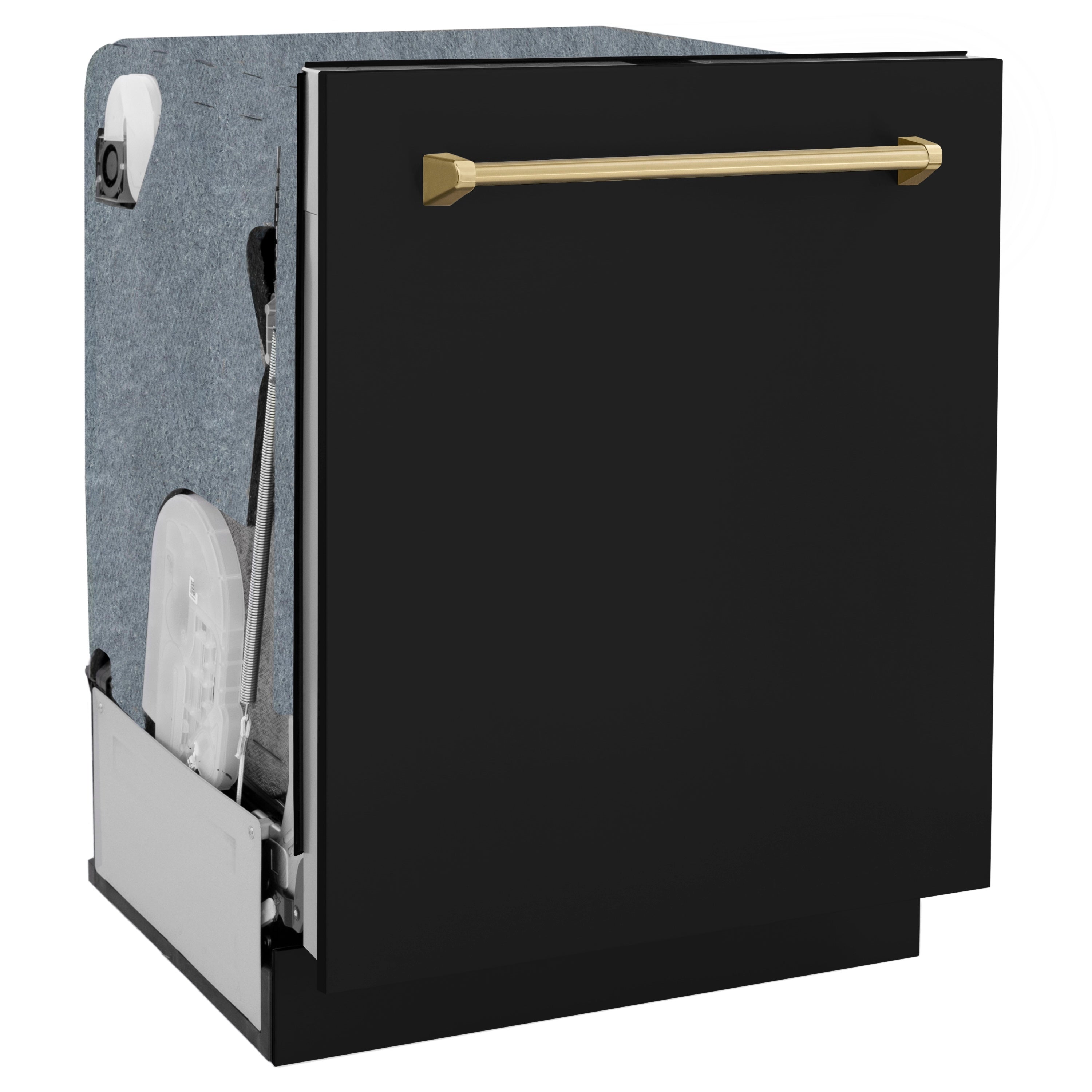 Matte black dishwasher with champagne bronze handle shown from front-left