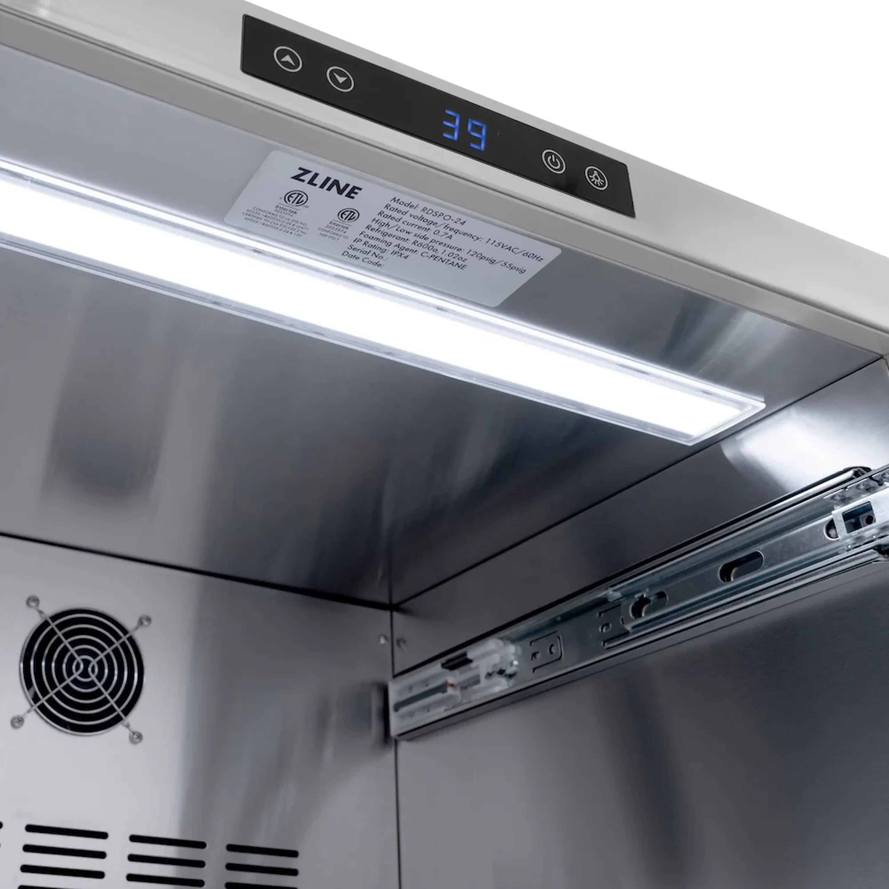 Black stainless refrigerator drawer with touch control panel and front vent grille