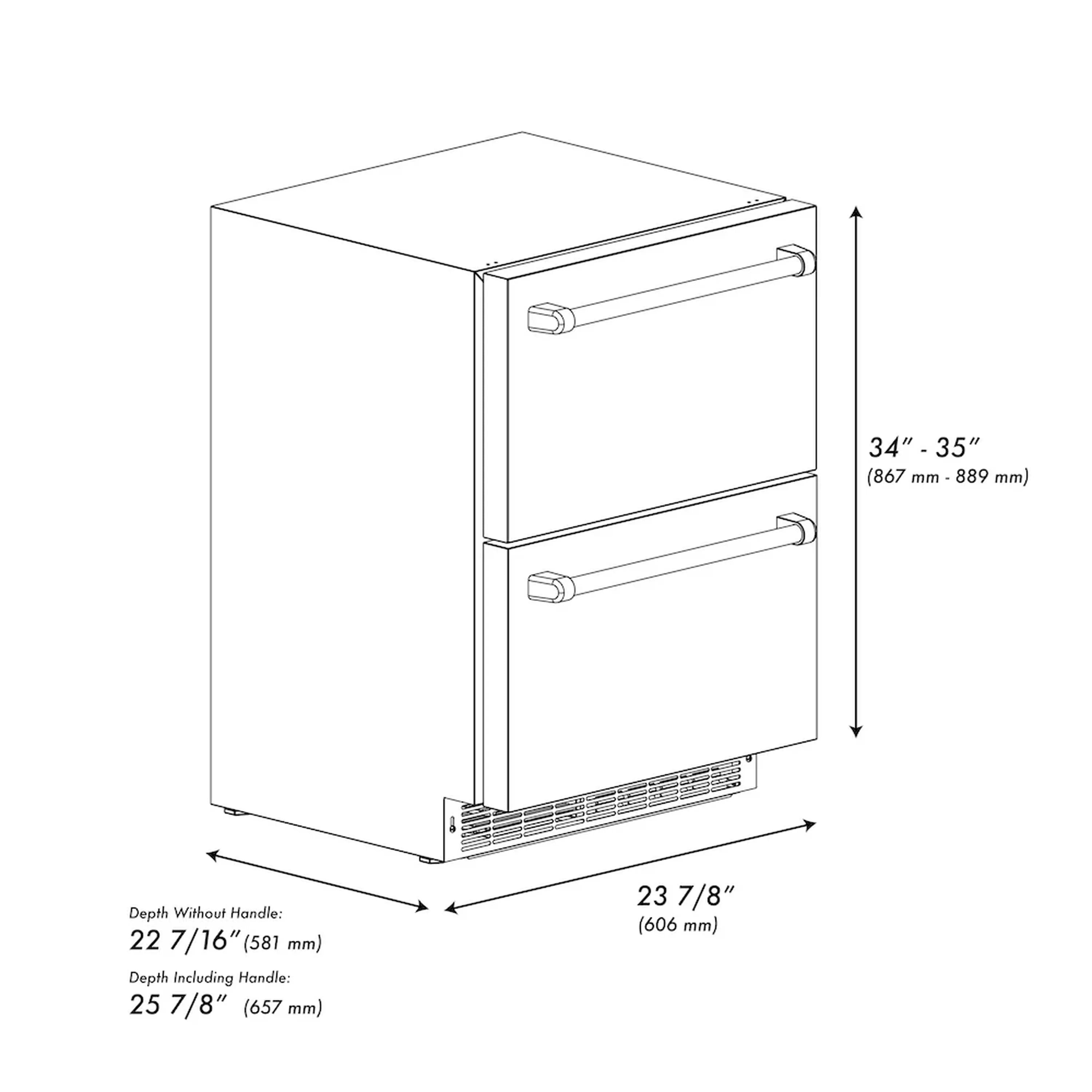 Refrigerator drawer size diagram showing height and width dimensions