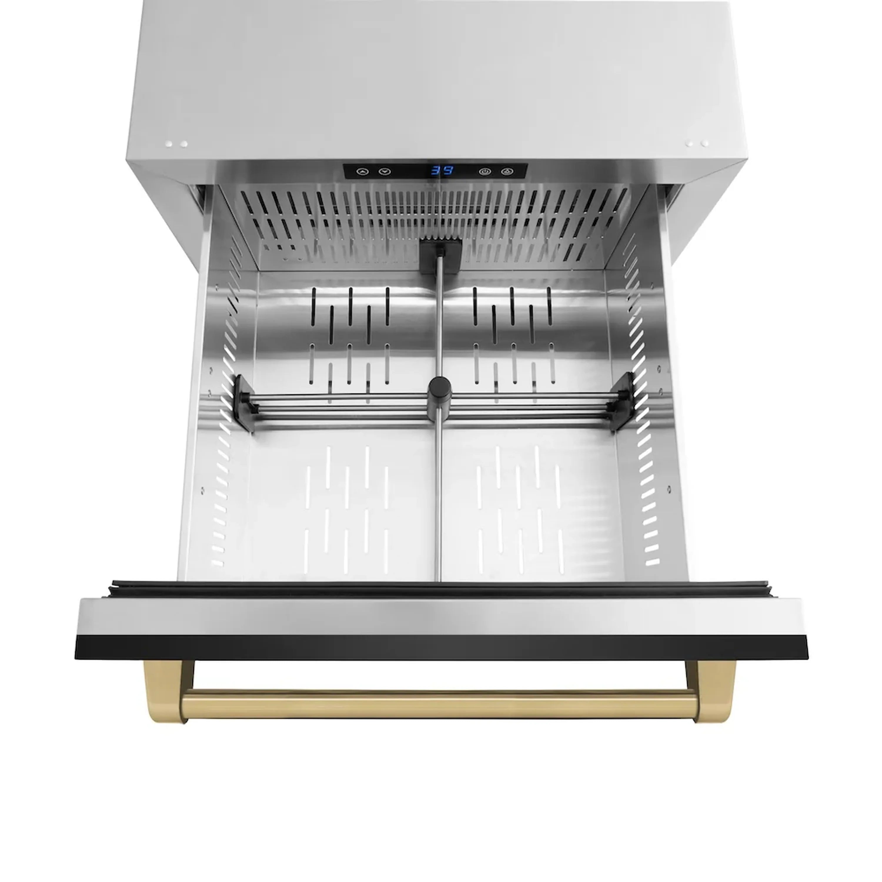 Refrigerator drawer interior view with black front strip and champagne bronze handle