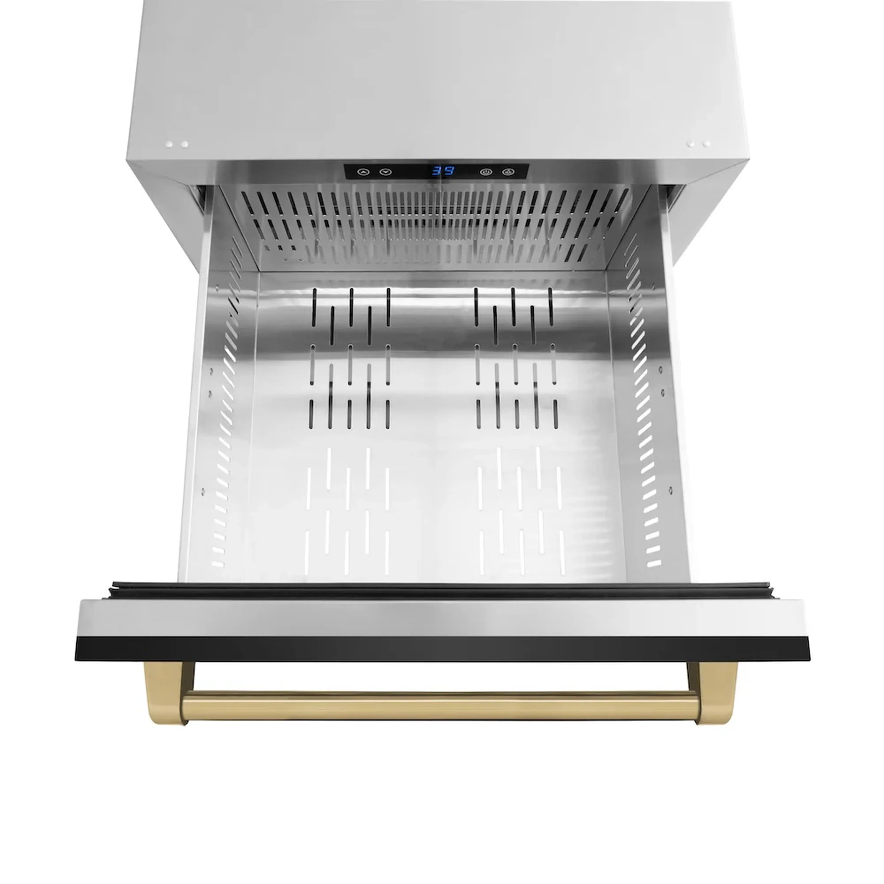 Refrigerator drawer interior with black trim and champagne bronze handle in front