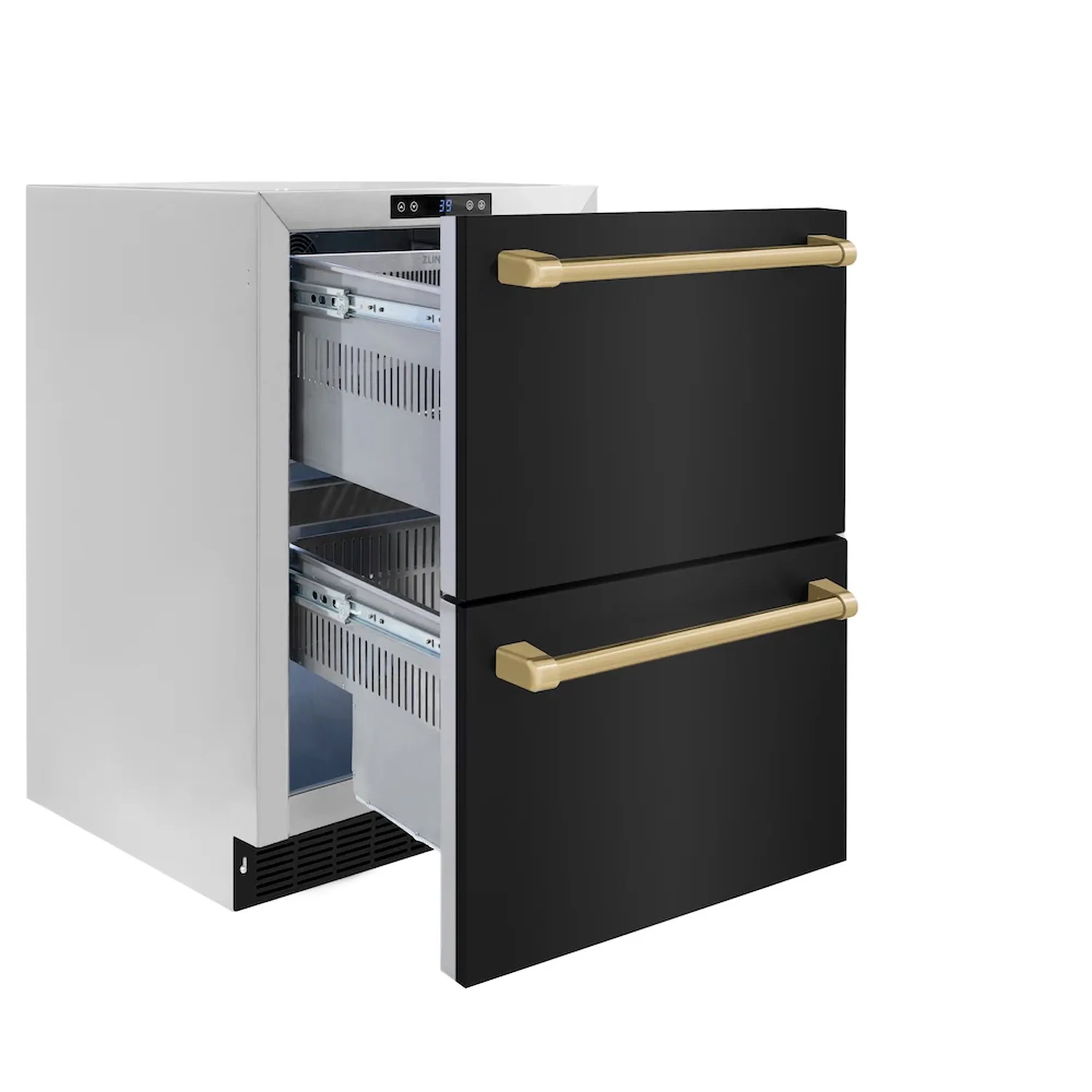 Refrigerator drawer open on shelves with black door panels and champagne bronze handles