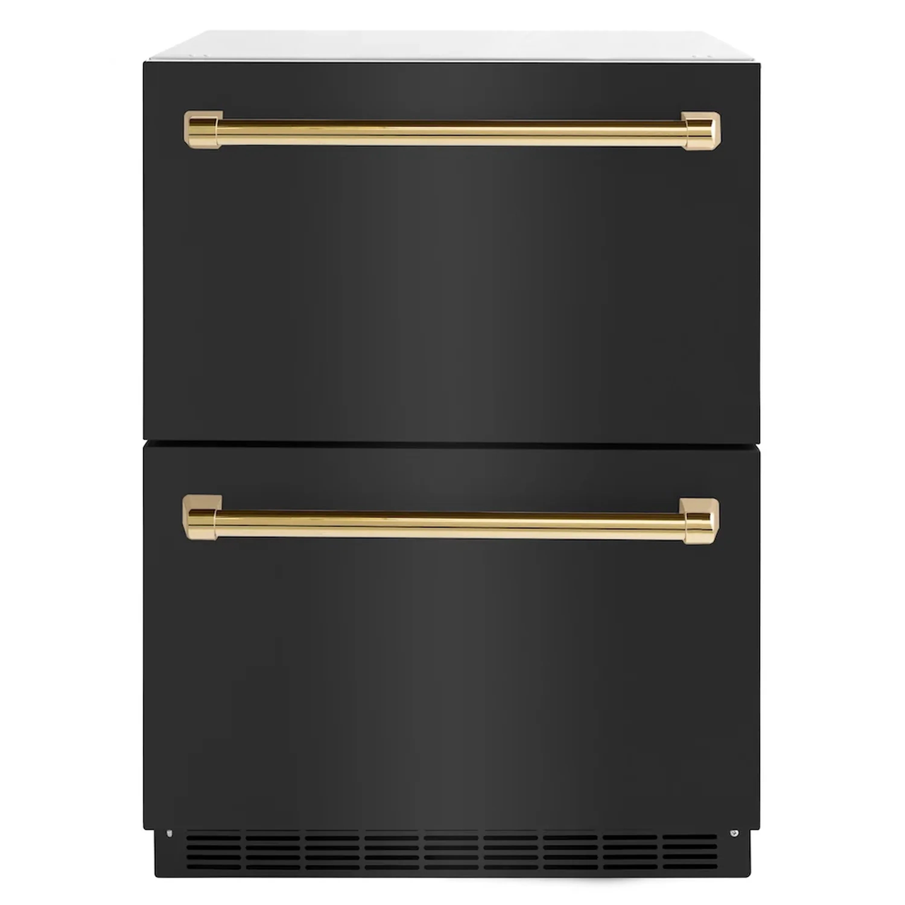 Black stainless refrigerator drawer with two gold bar handles