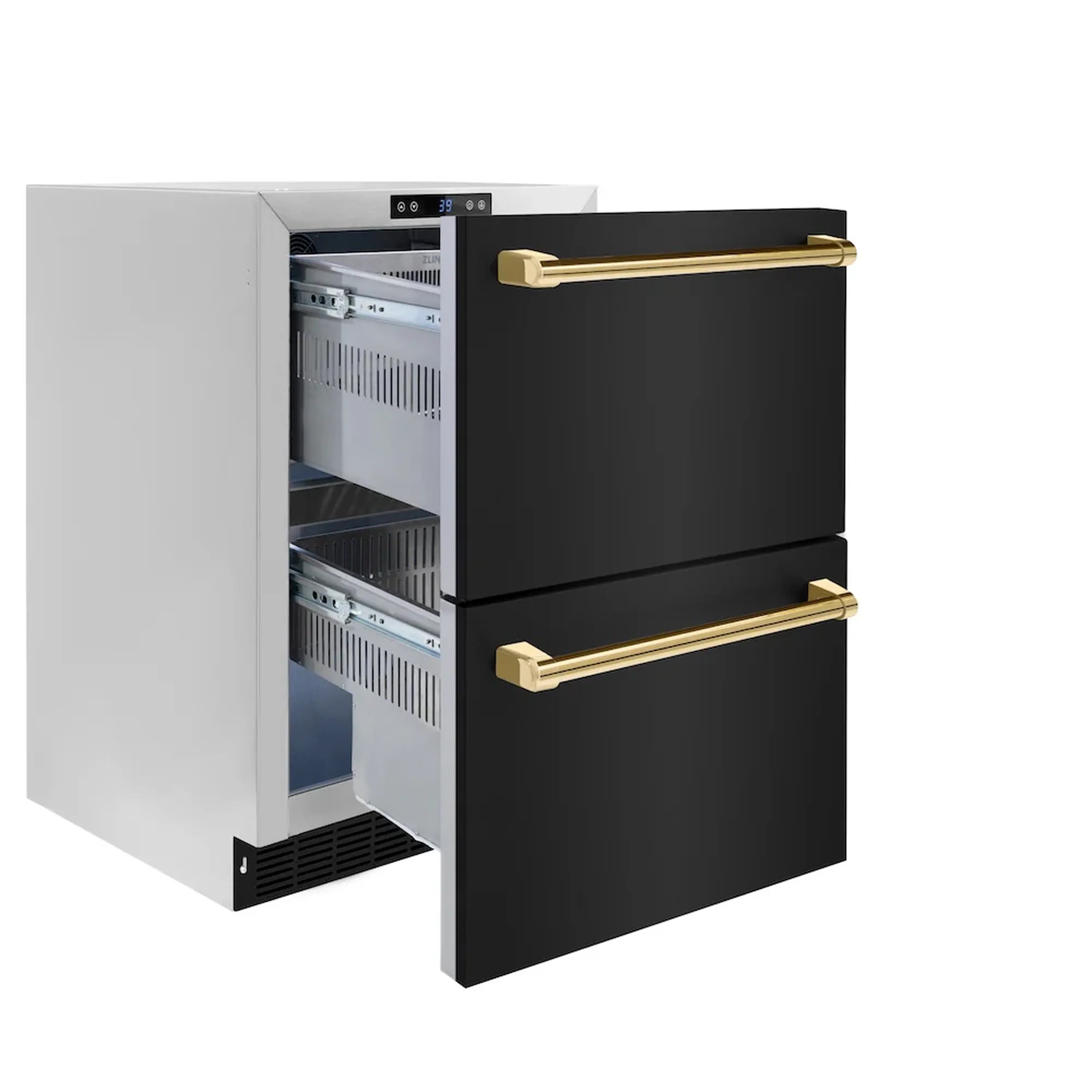 Black refrigerator drawer with gold handles and open side showing interior