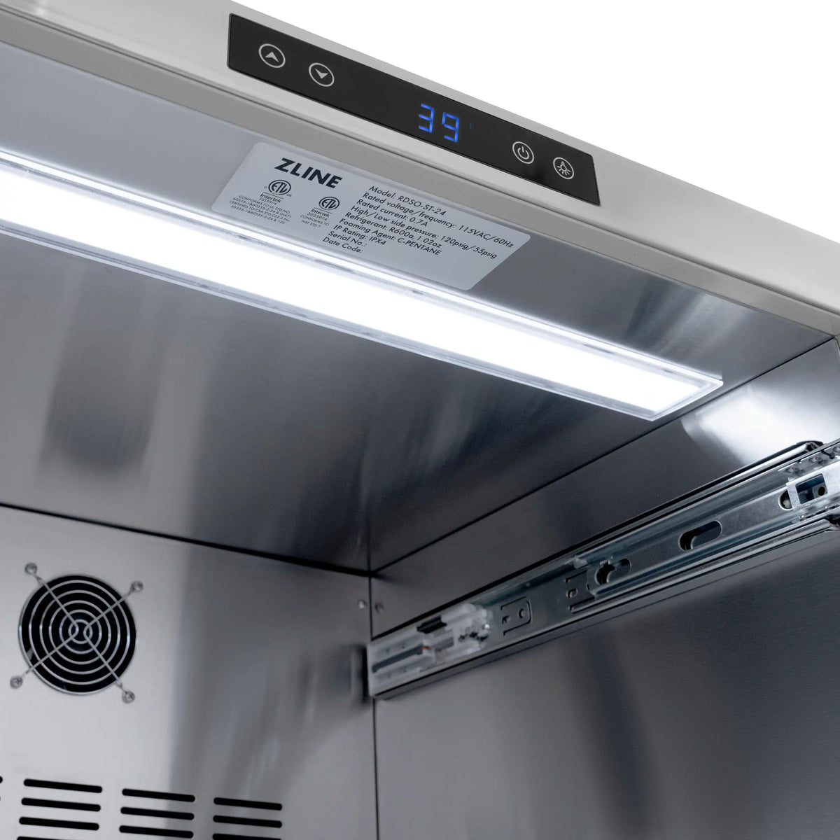 Stainless refrigerator drawer control panel with display and opened drawer frame