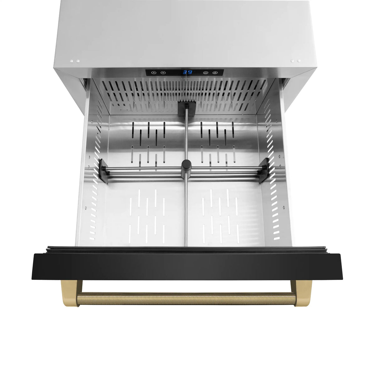 Open refrigerator drawer interior with metal rails and black front trim, upper view