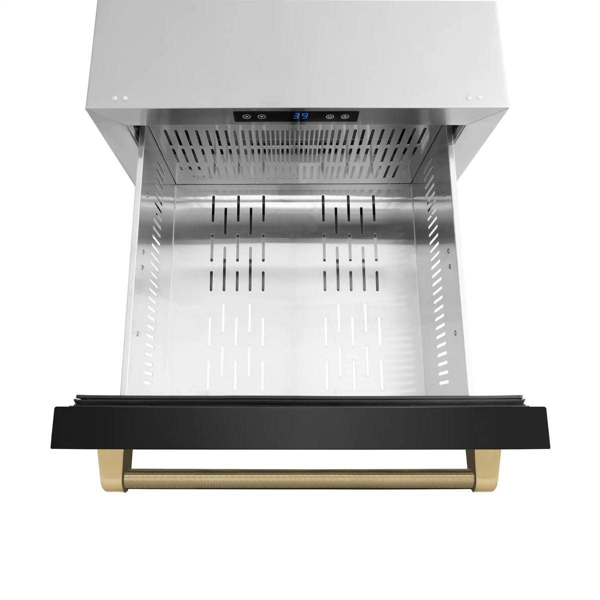 Open refrigerator drawer interior with metal dividers and black front bar, centered view