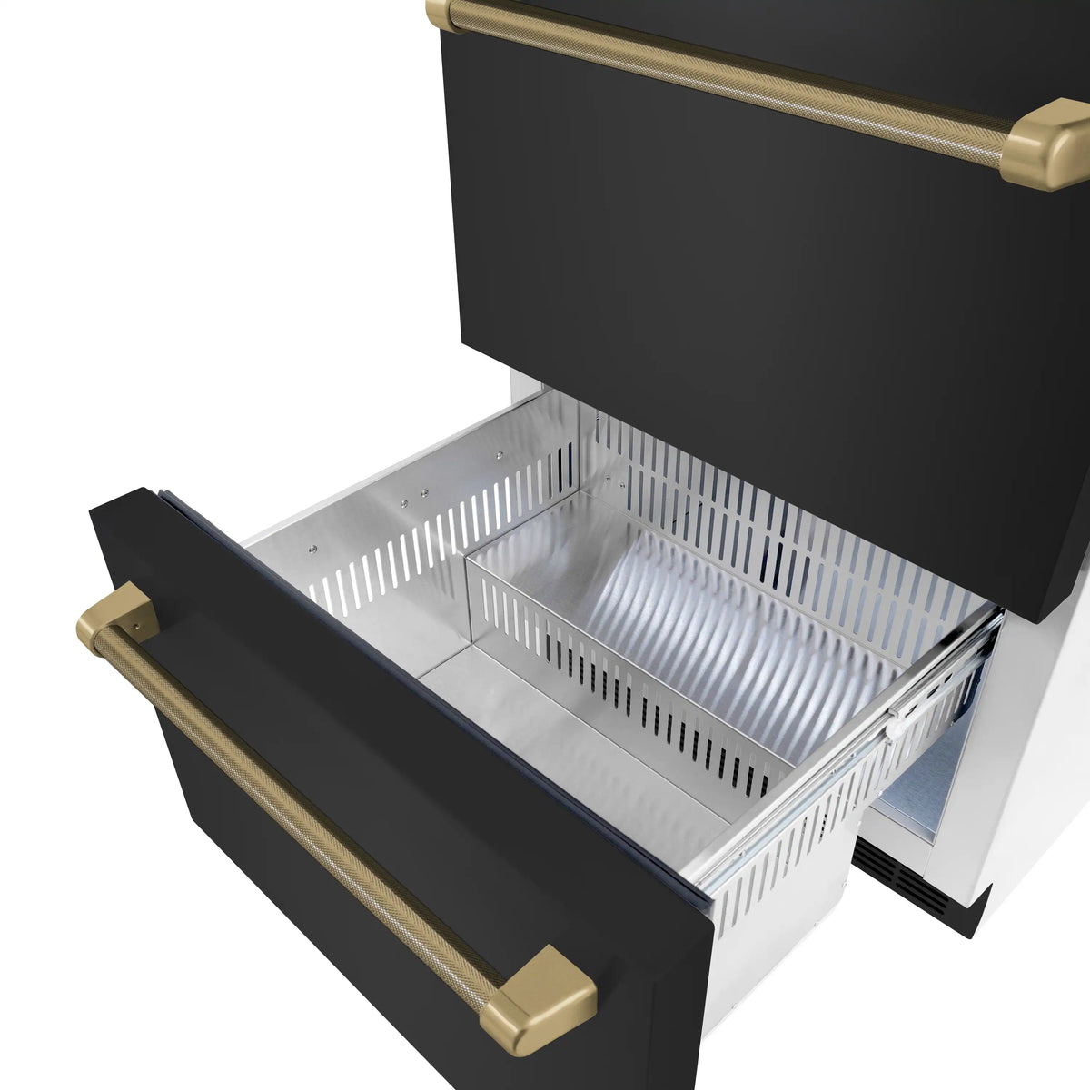 Refrigerator drawer bin with black interior pan and bronze bar handles, open position
