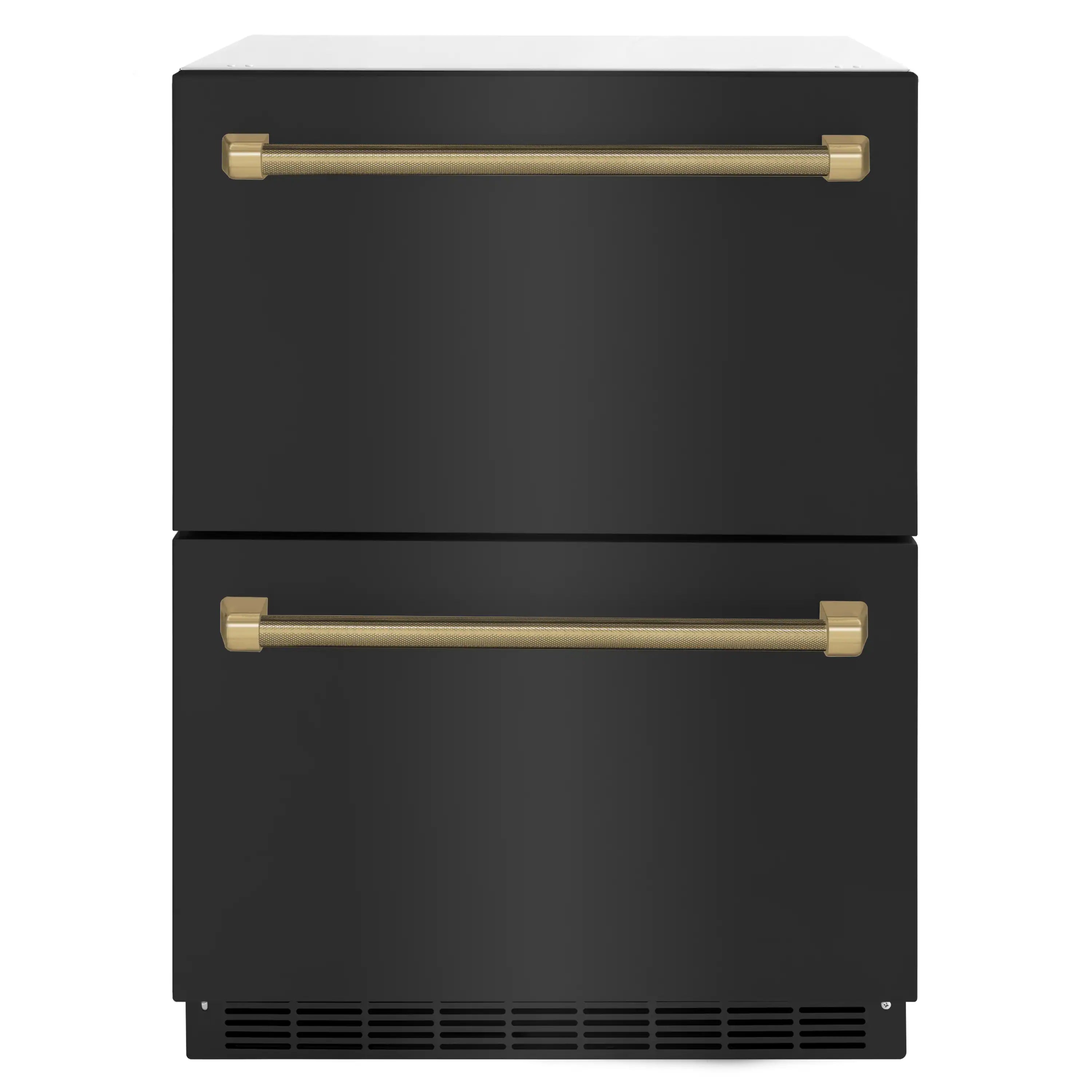 Black refrigerator drawer with two bronze bar handles and front ventilation grille