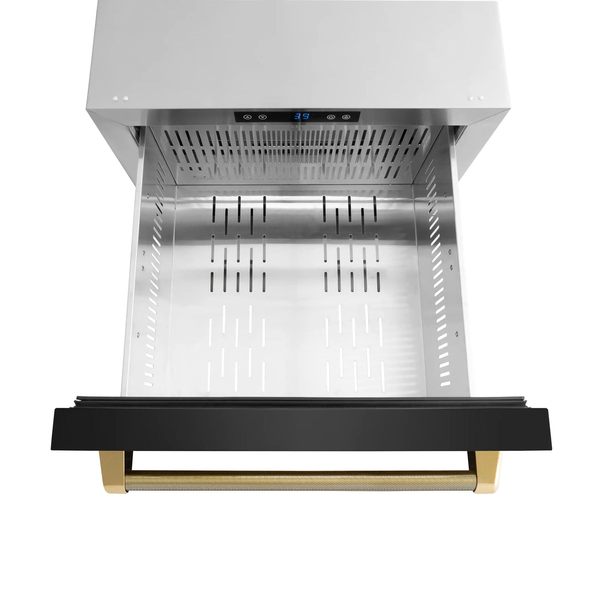 Refrigerator drawer with black front panel and gold bar handles, open interior.
