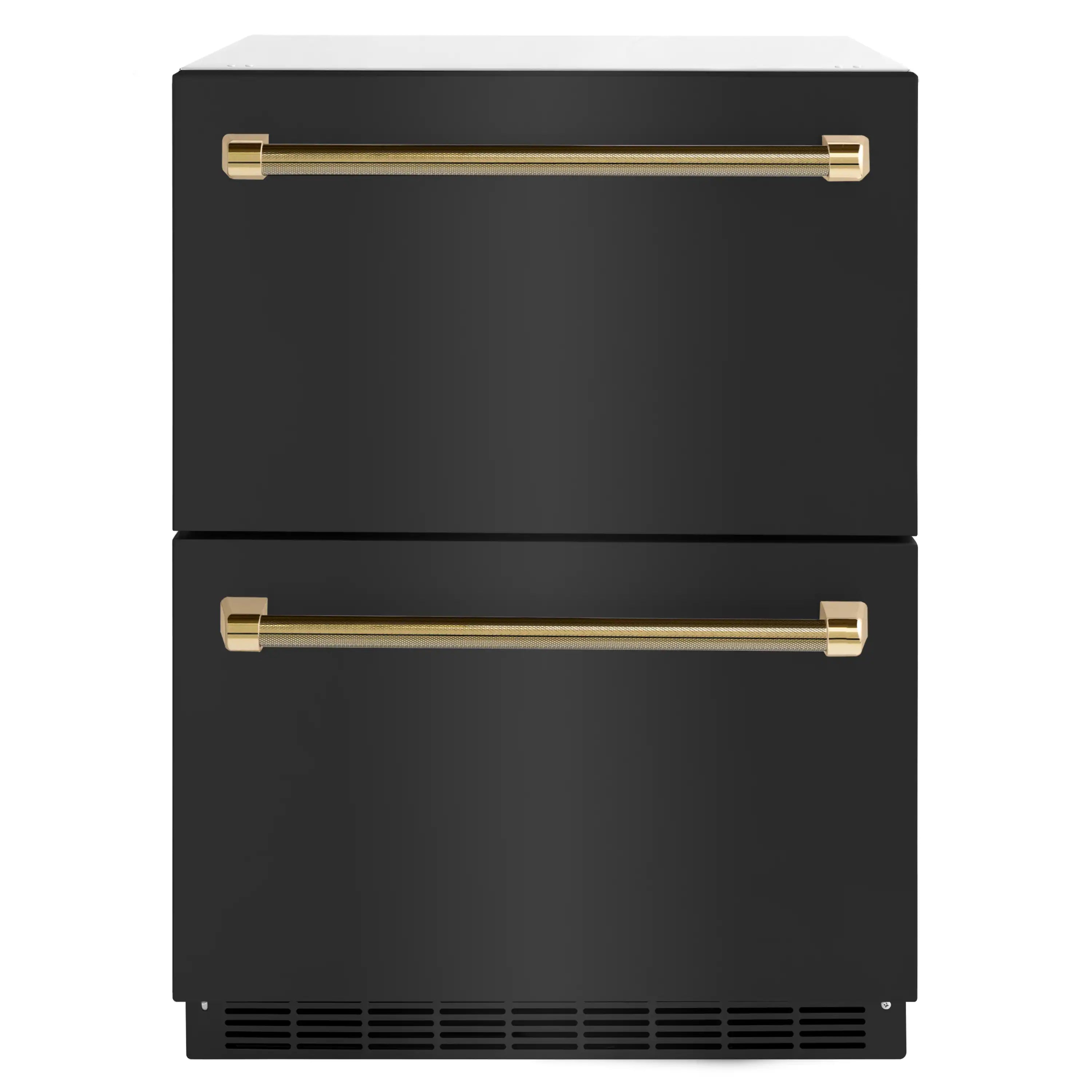 Two-drawer refrigerator with black doors and gold bar handles, closed.