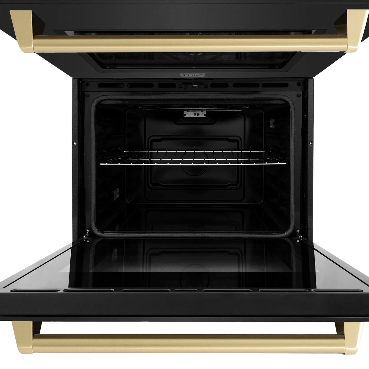 Black double wall oven interior with wire racks and empty cooking cavity