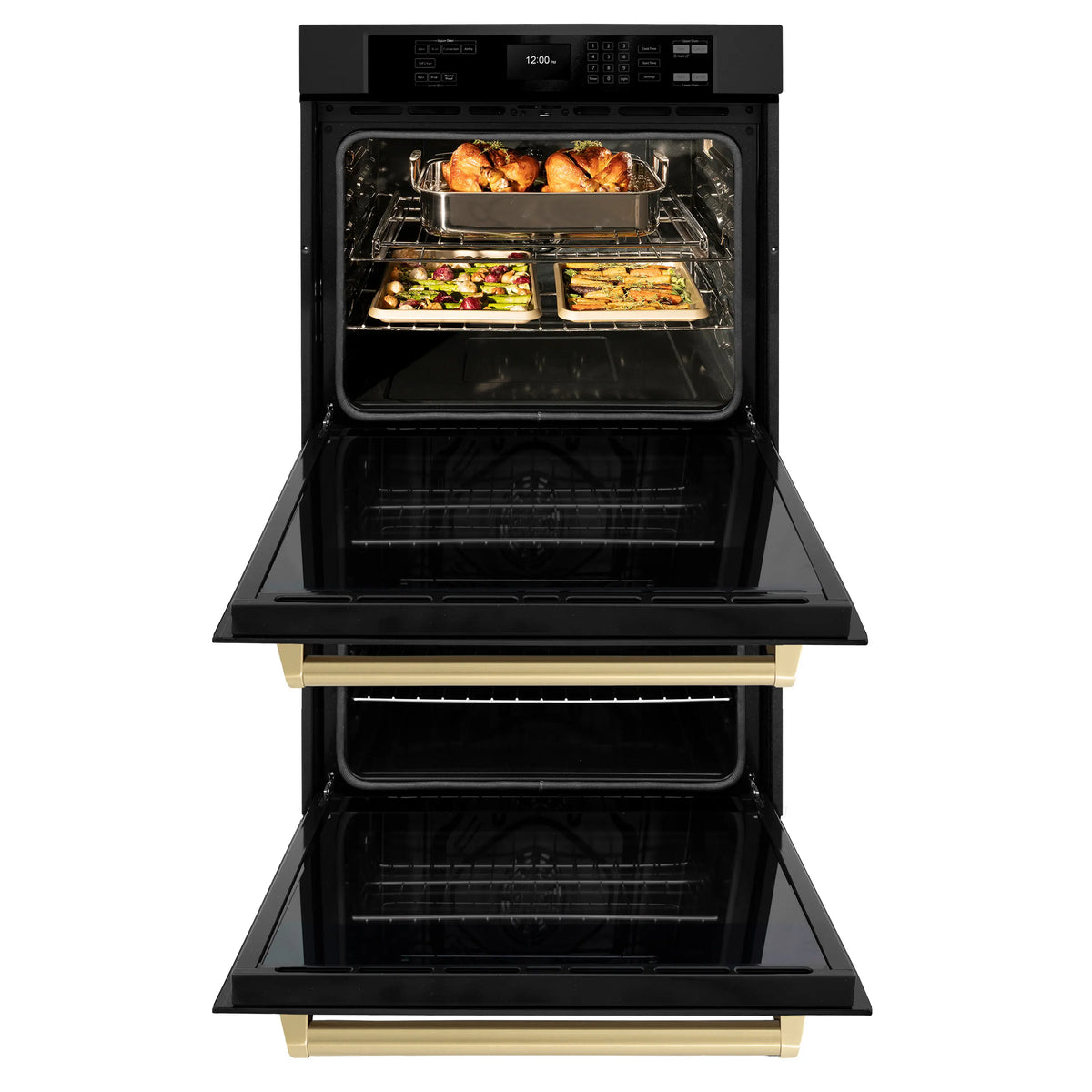 Black double wall oven with both doors open, food trays inside, champagne bronze handles