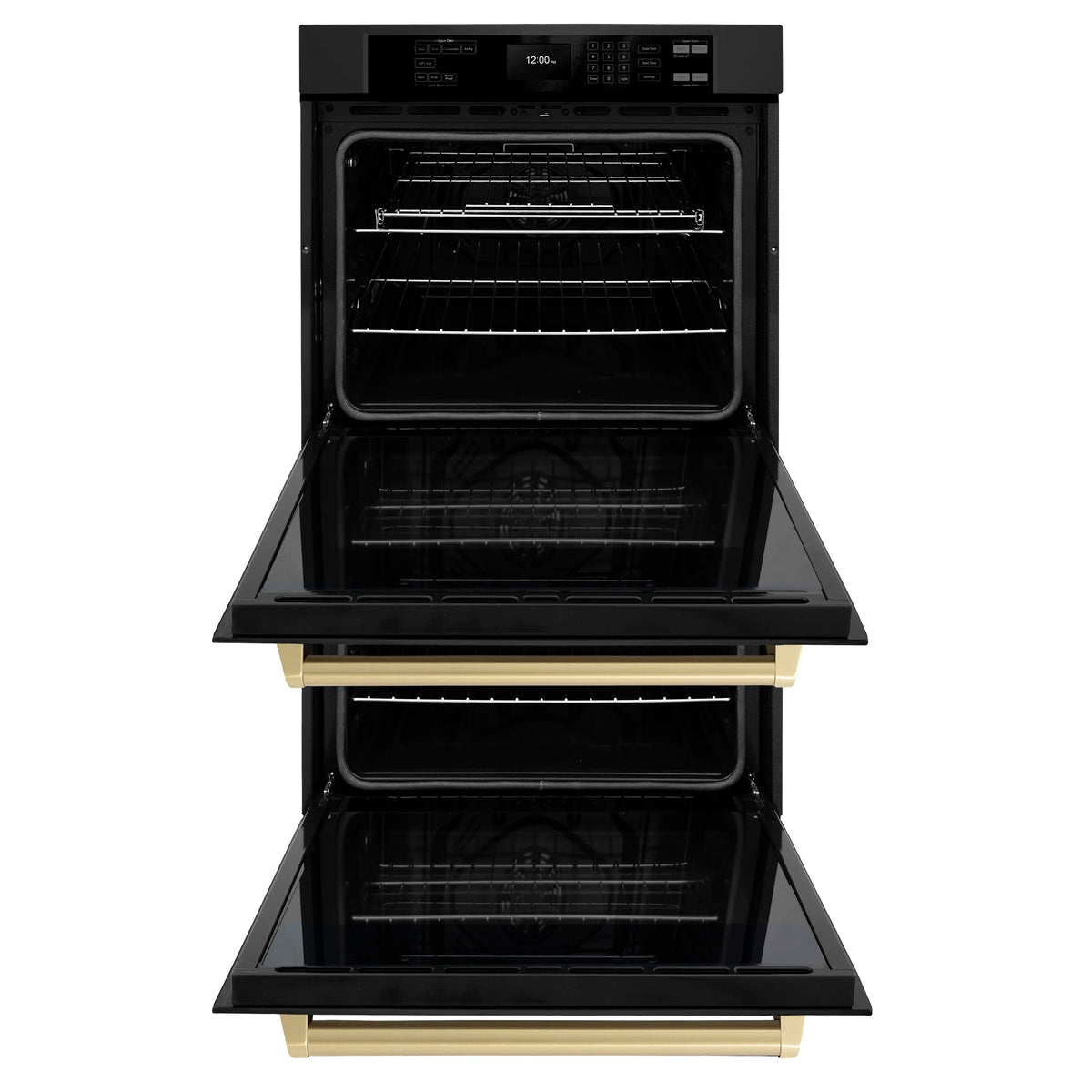 Black double wall oven with two open oven doors, racks visible, champagne bronze handles