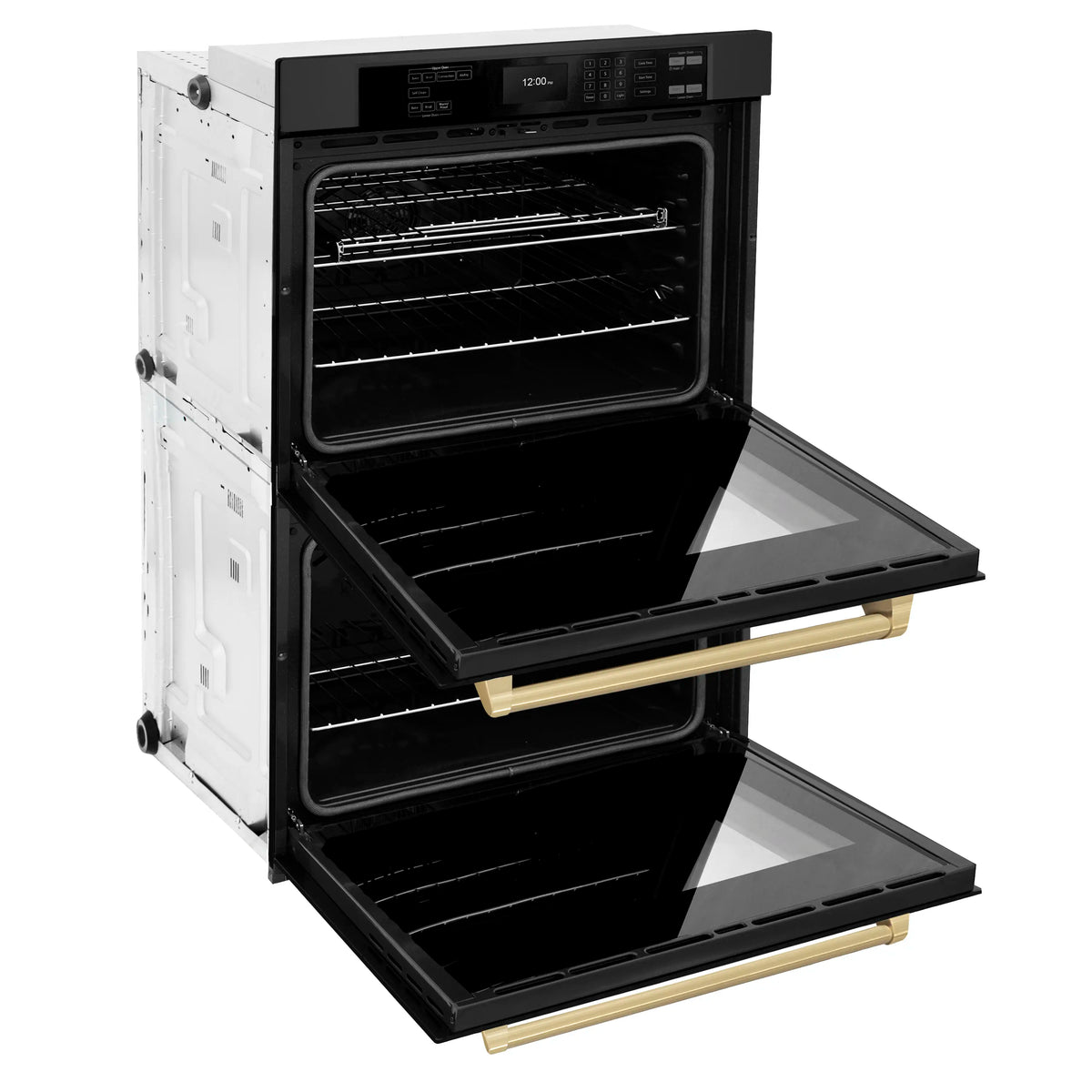 Black double wall oven with open doors and interior racks, champagne bronze handle bar