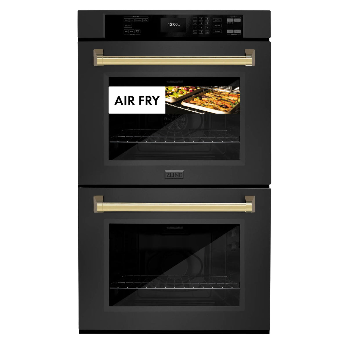 Black stainless double wall oven with polished gold handles and digital display, front view.