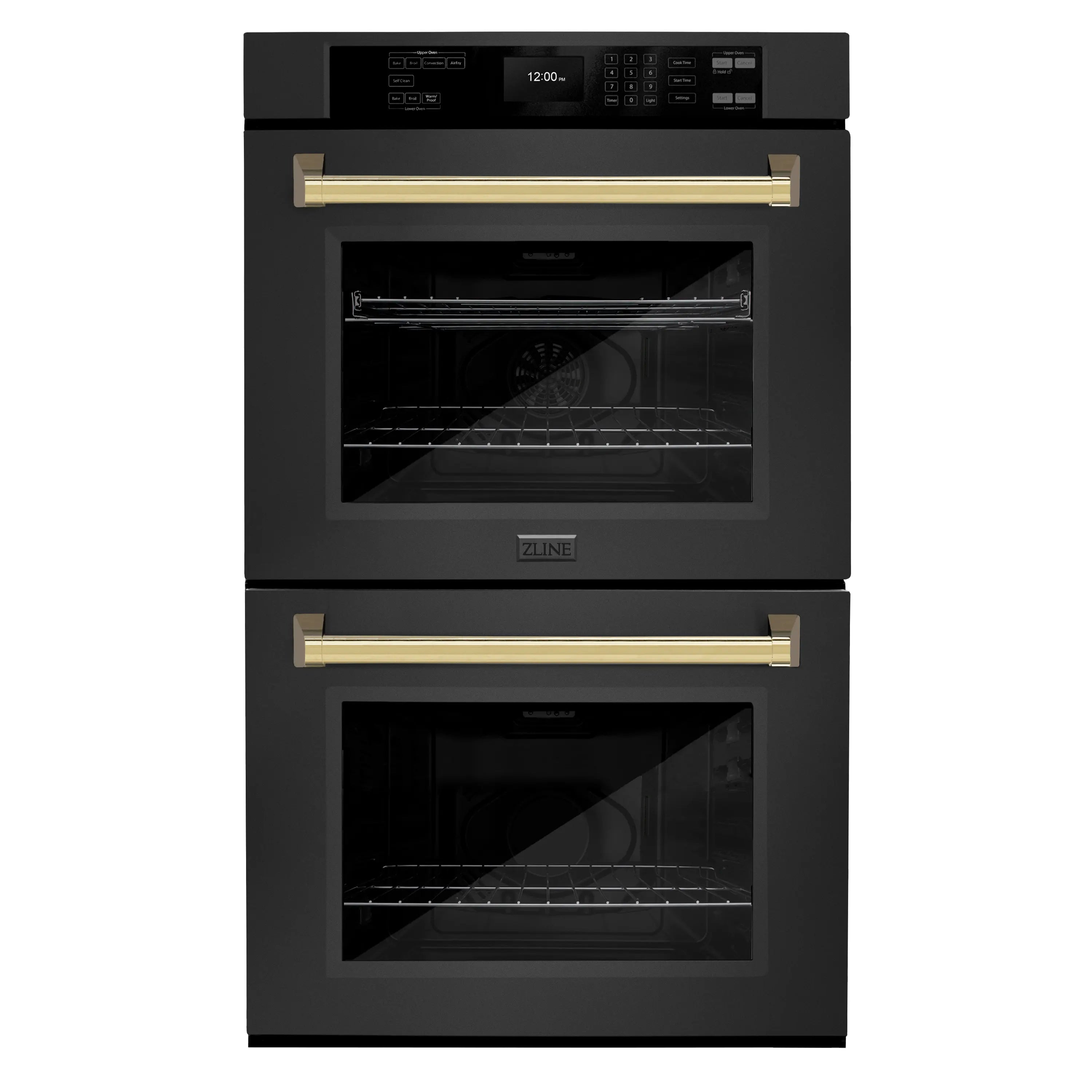 Black stainless double wall oven with control panel and two closed doors