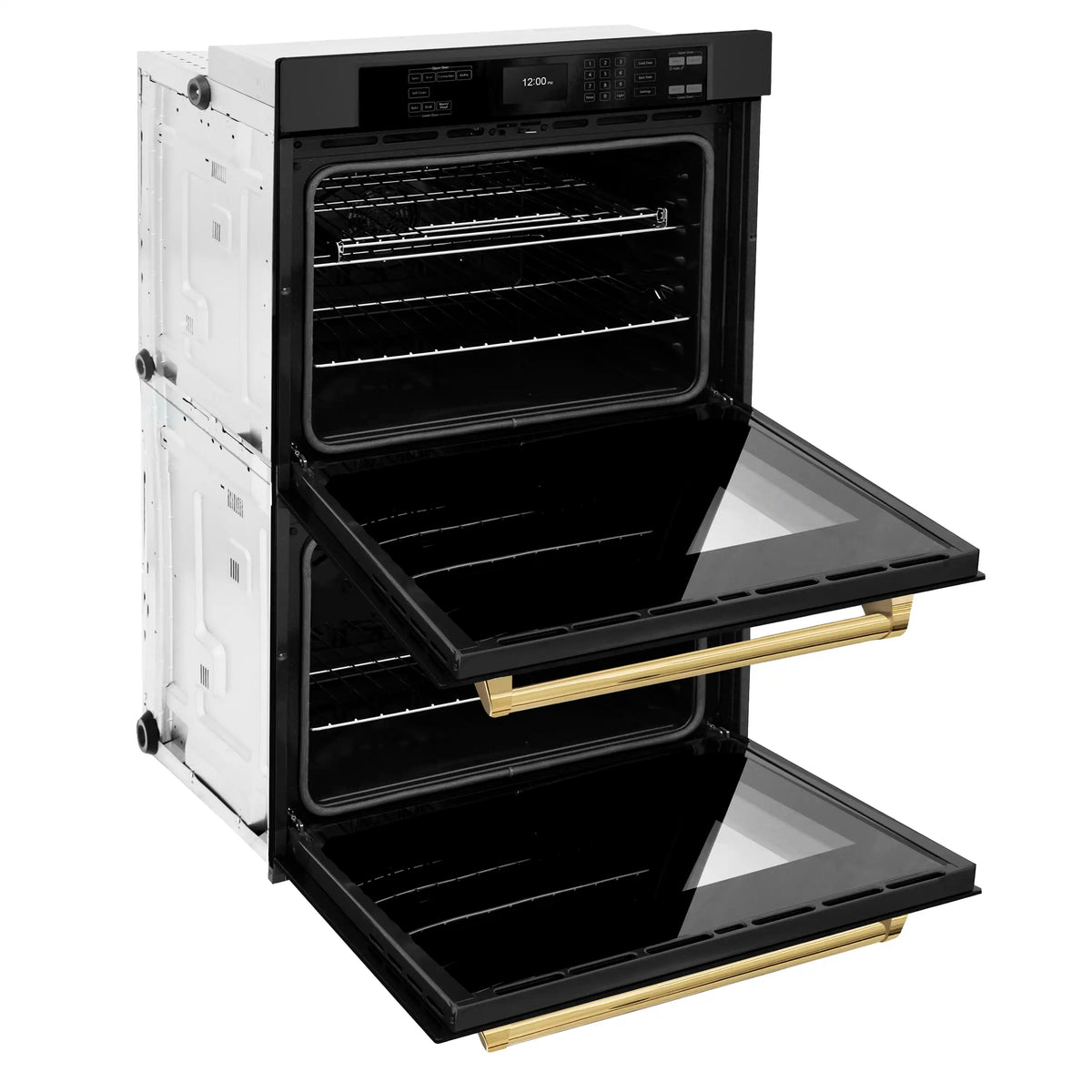 Black stainless double wall oven with open doors and exposed oven racks