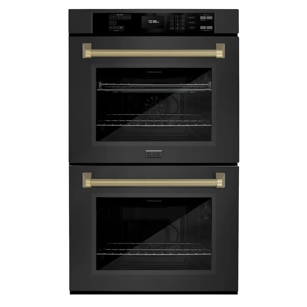 Black double wall oven with wire racks in upper and lower baking compartments