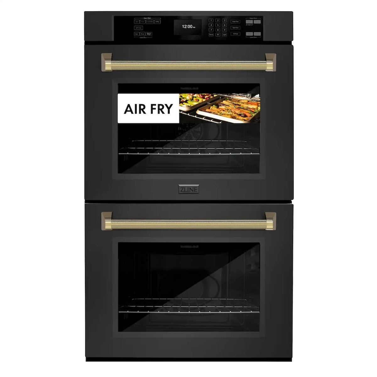 Black double wall oven with gold bar handles and AIR FRY icon on upper door