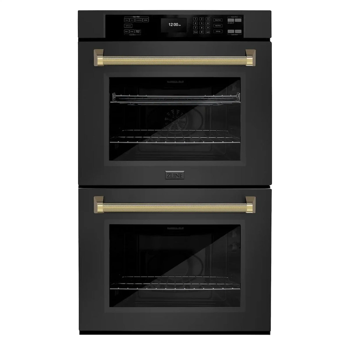 Black double wall oven with gold bar handles and wire racks visible in both cavities