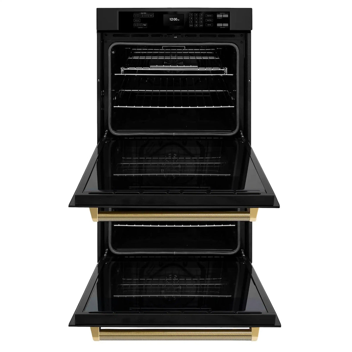 Black double wall oven with glass doors and gold helix handles, top and bottom cavities