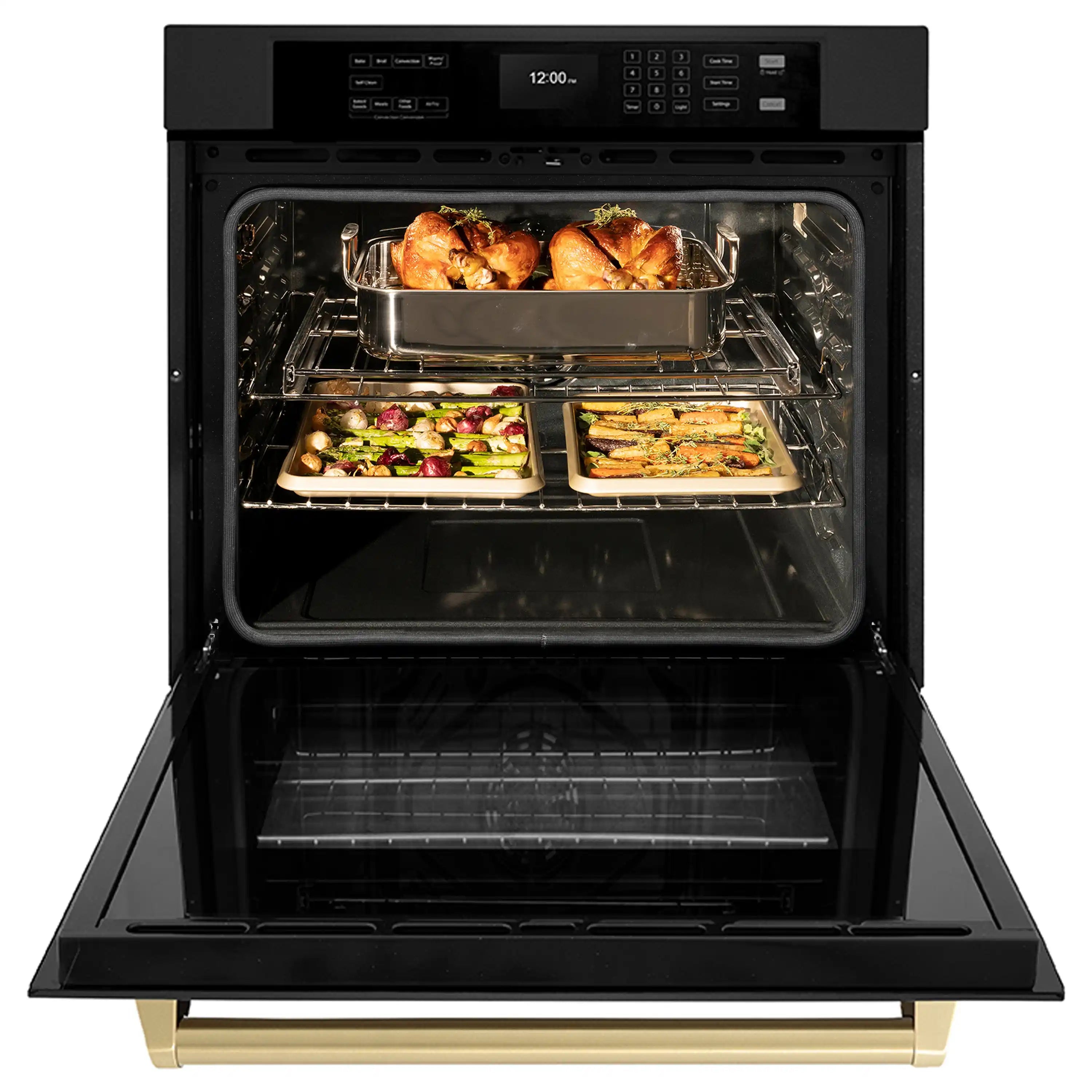 Black wall oven with open door, roasting pan and two trays inside