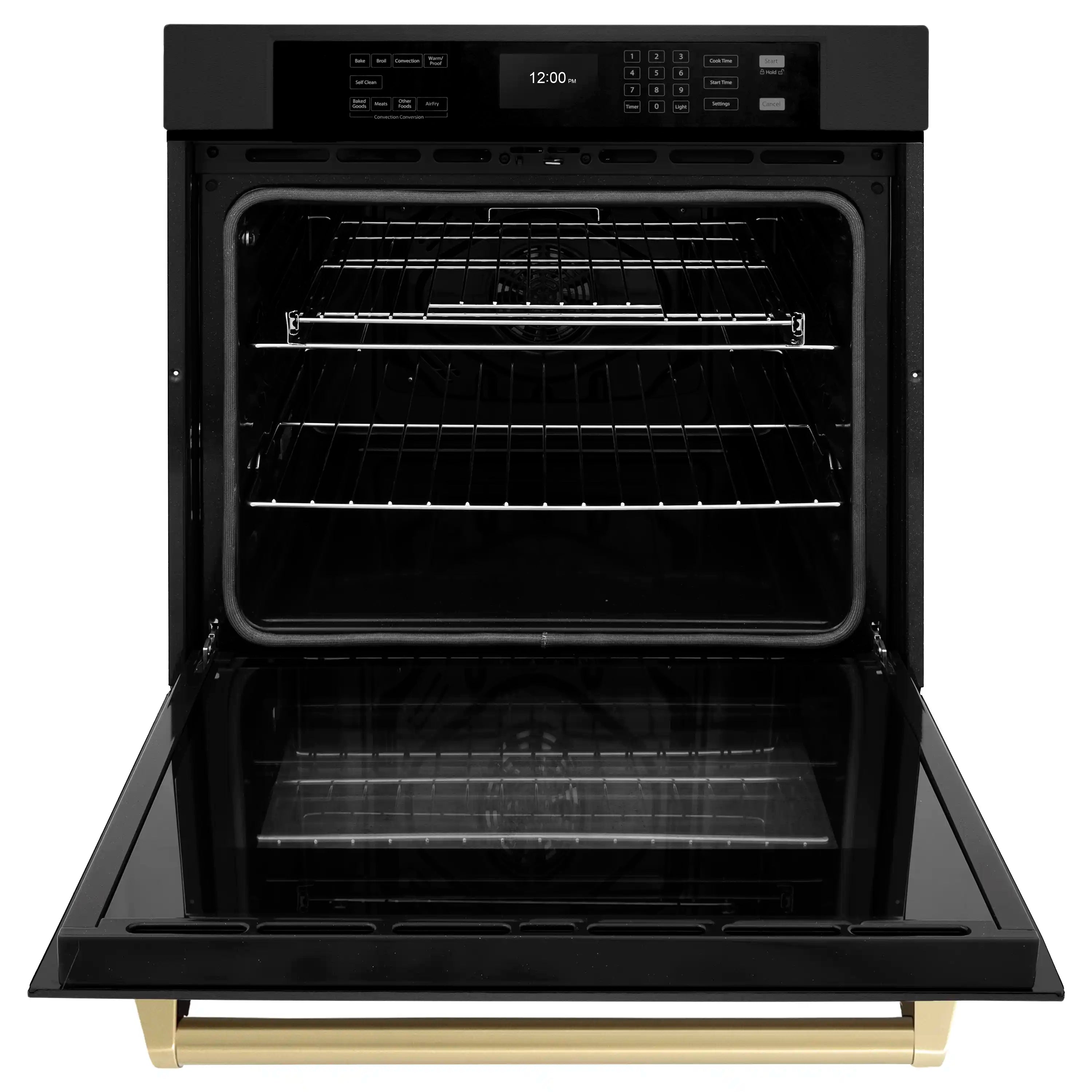 Black stainless steel oven door open showing racks and interior cavity with bronze handle trim