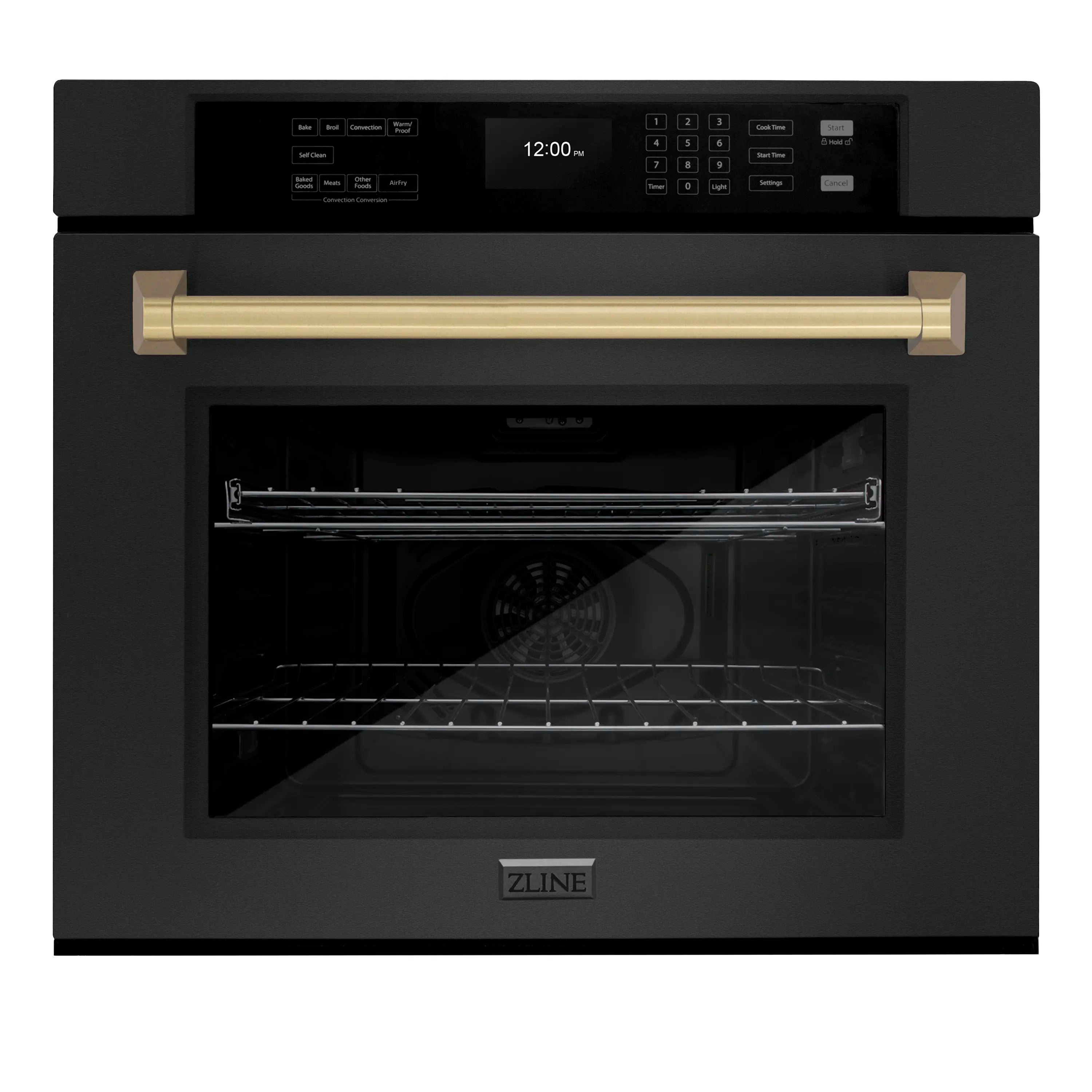 Black stainless steel oven with windowed door and top control panel