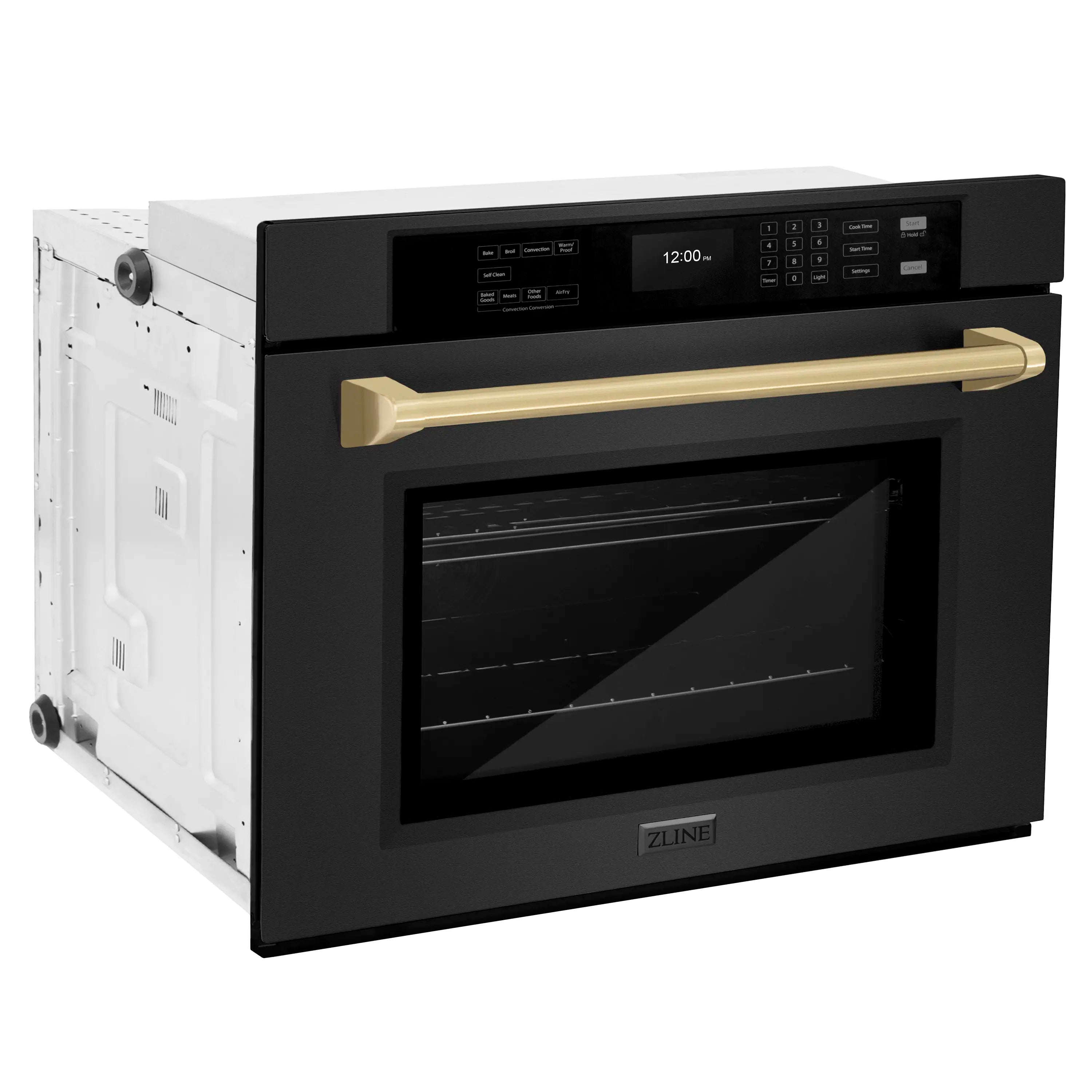 Black stainless steel oven with champagne bronze handle and control panel