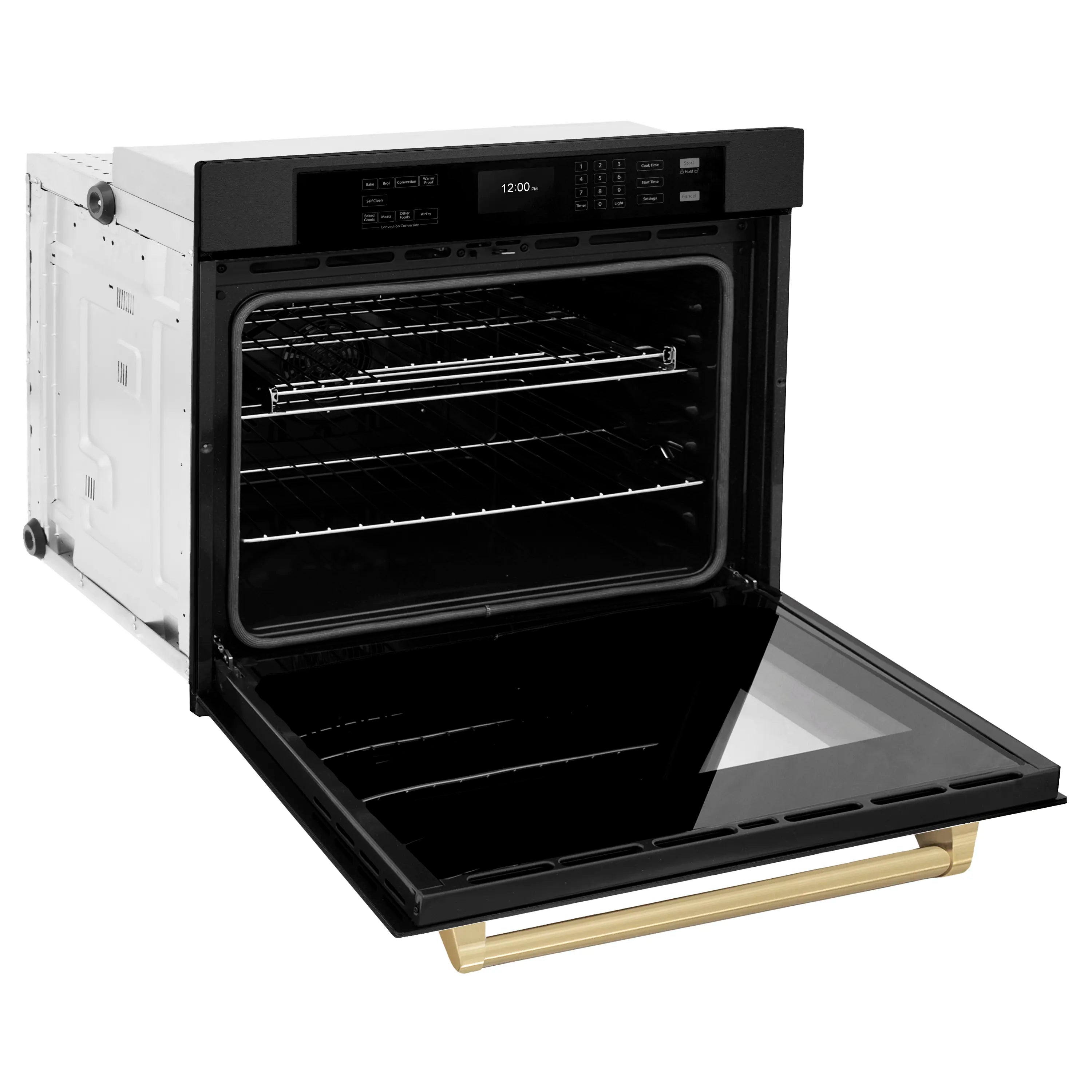 Black convection oven with door open, empty racks, and champagne bronze handle