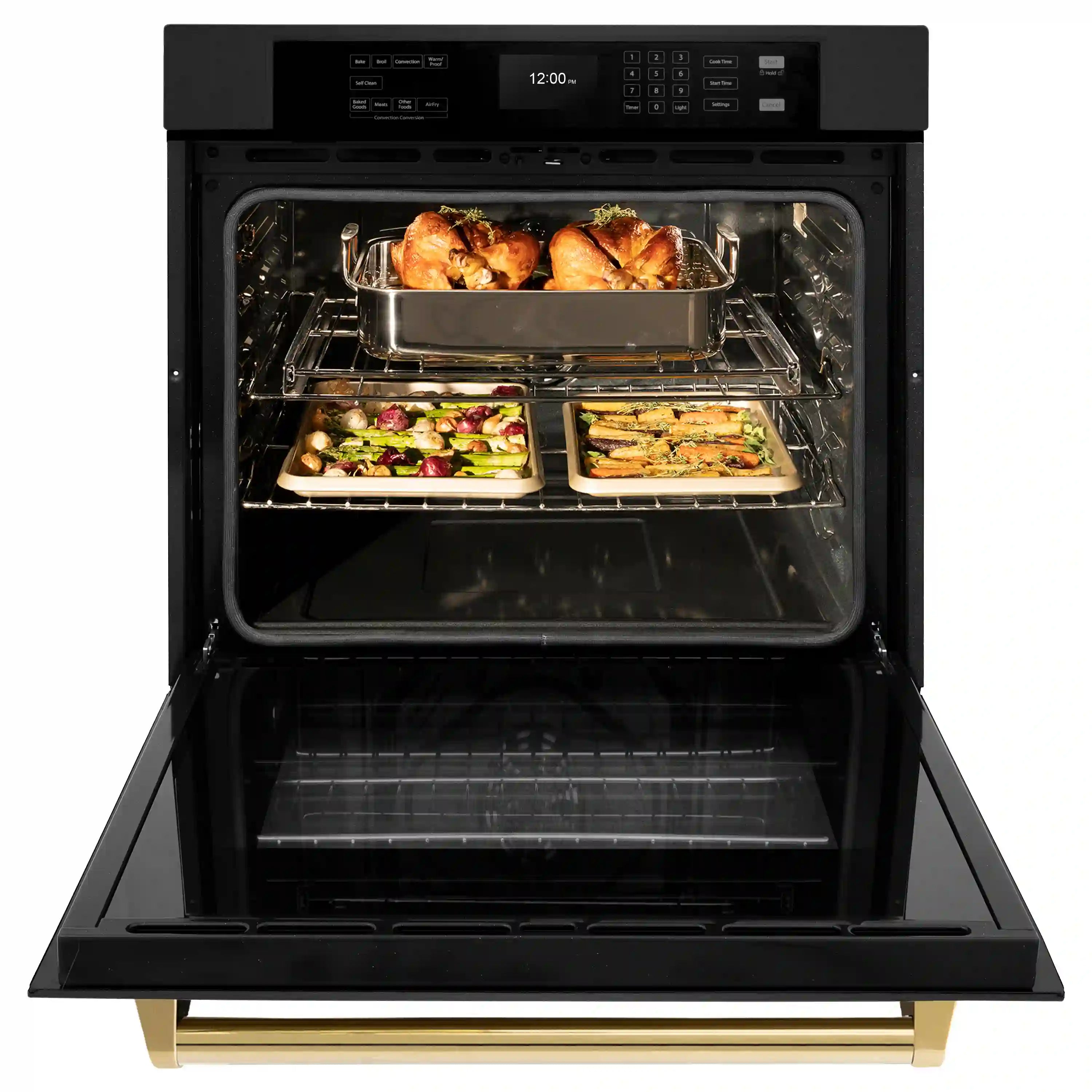 Black stainless single wall oven with polished gold handle, open door and racks