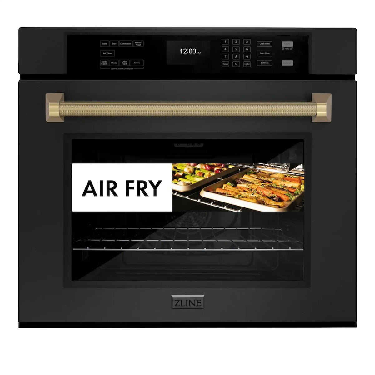 Black single wall oven with bronze helix handle, door open, and Air Fry feature