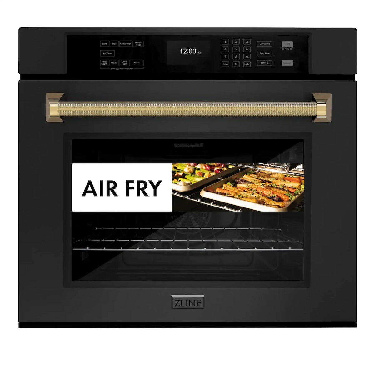 Black stainless single wall oven with gold helix handle and Air Fry display
